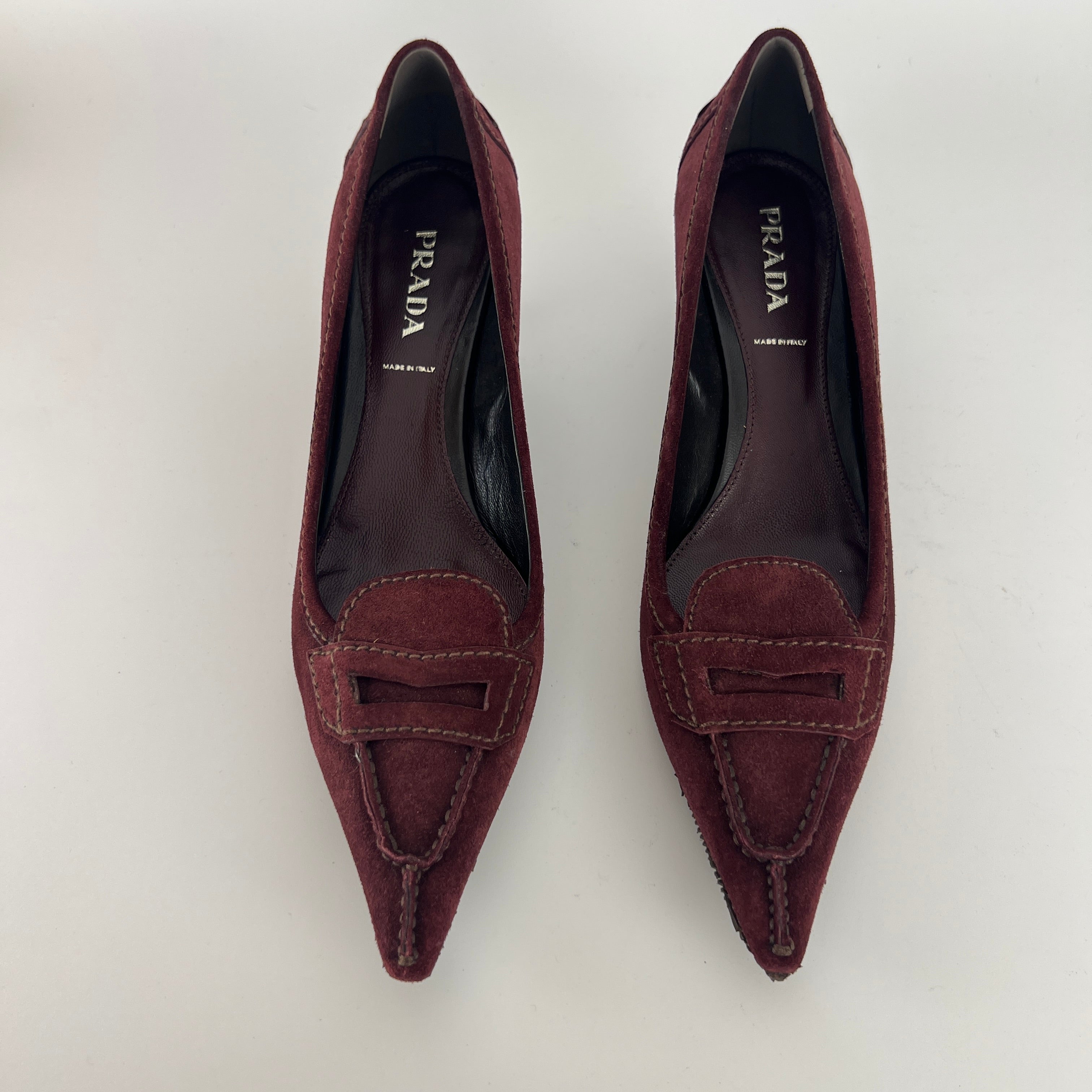 Prada | Burgundy Suede Leather Pointed Toe Kitten Heel Pump (39.5)