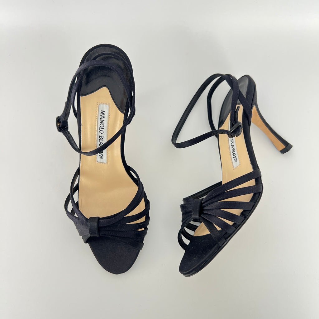 Manolo Blahnik | Black Satin Strappy Ankle Wrap Stiletto Sandal Heels (36)