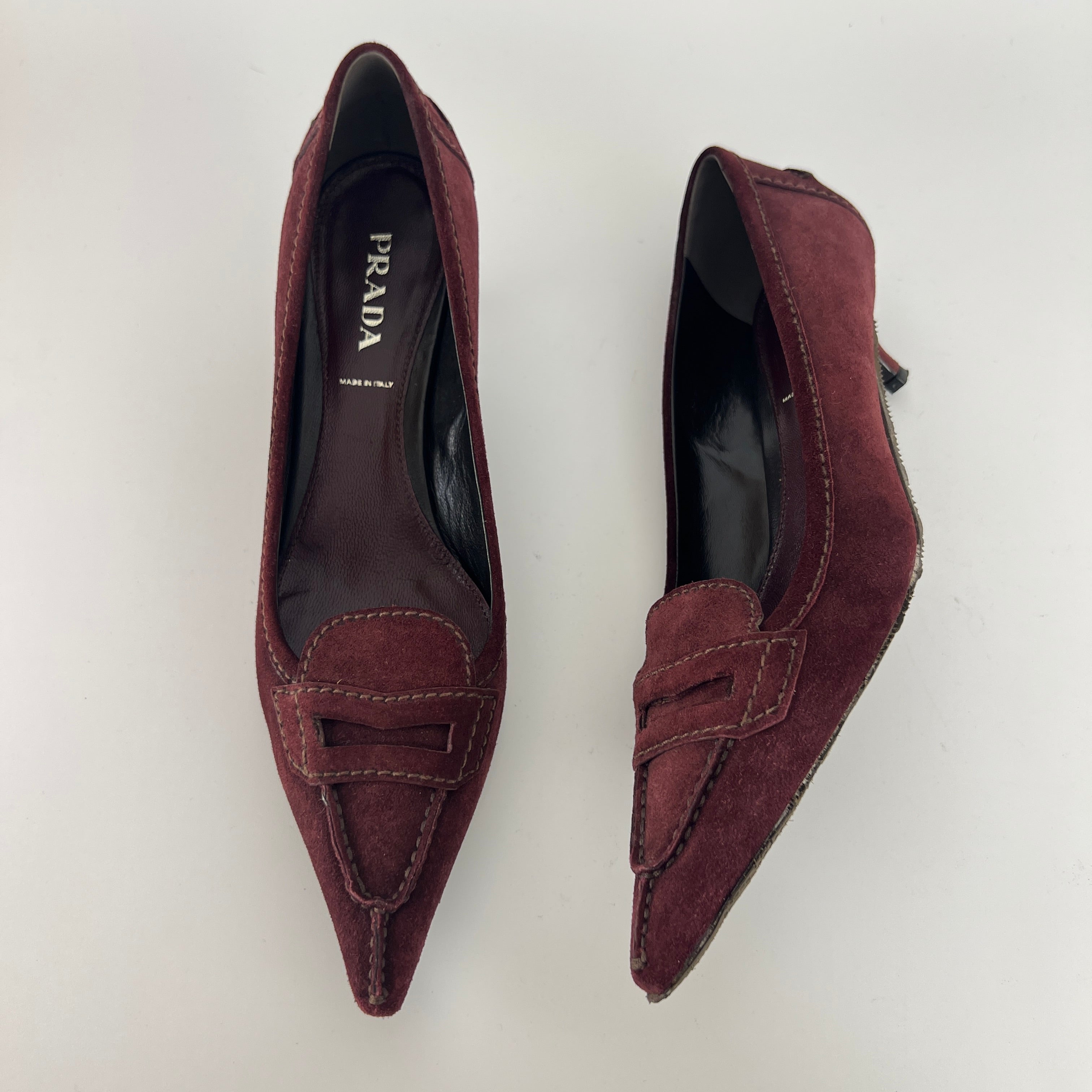 Prada | Burgundy Suede Leather Pointed Toe Kitten Heel Pump (39.5)