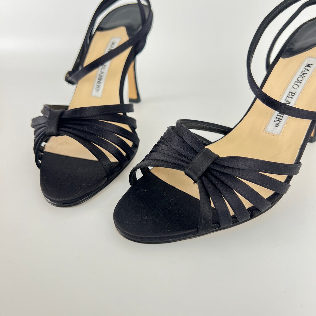 Manolo Blahnik | Black Satin Strappy Ankle Wrap Stiletto Sandal Heels (36)