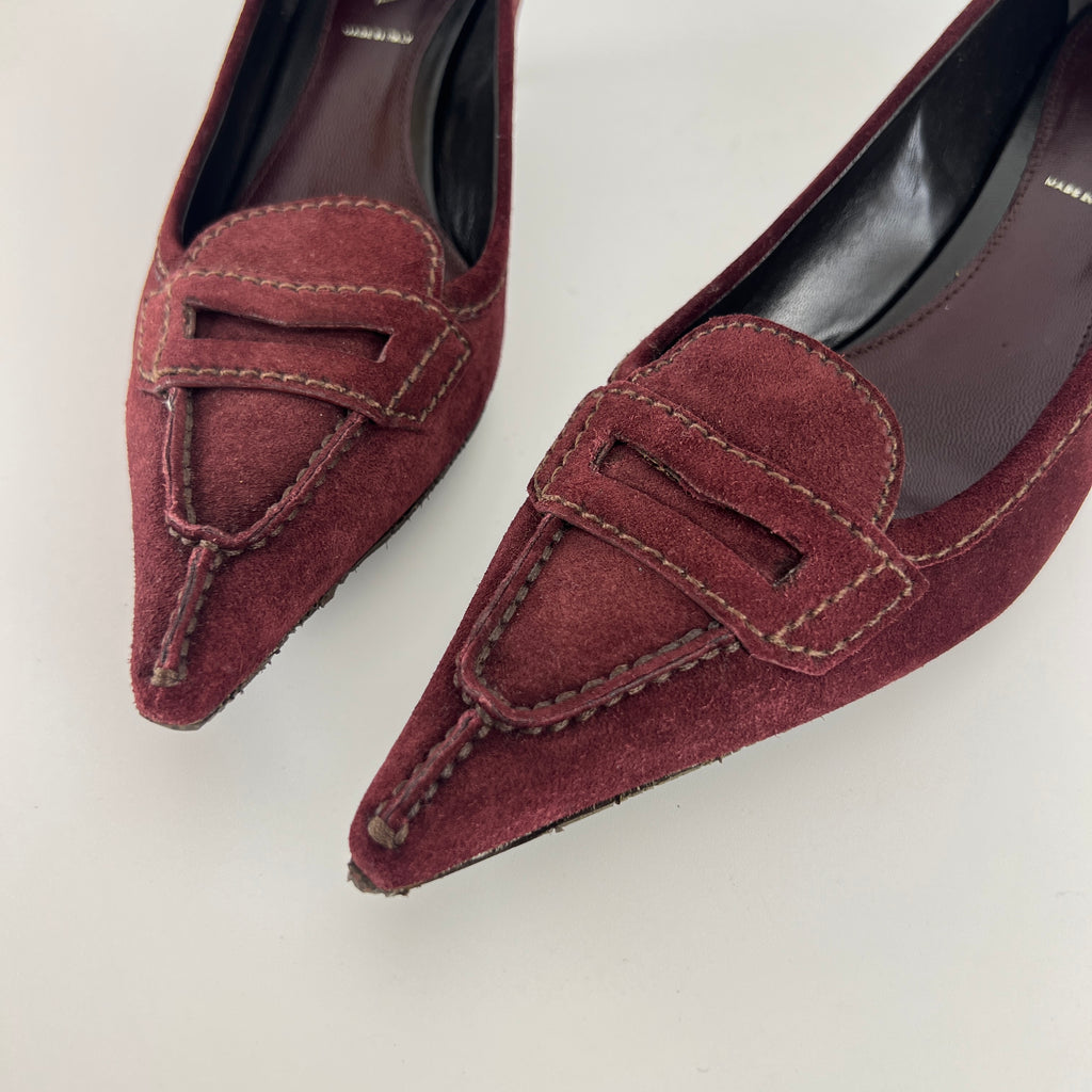 Prada | Burgundy Suede Leather Pointed Toe Kitten Heel Pump (39.5)