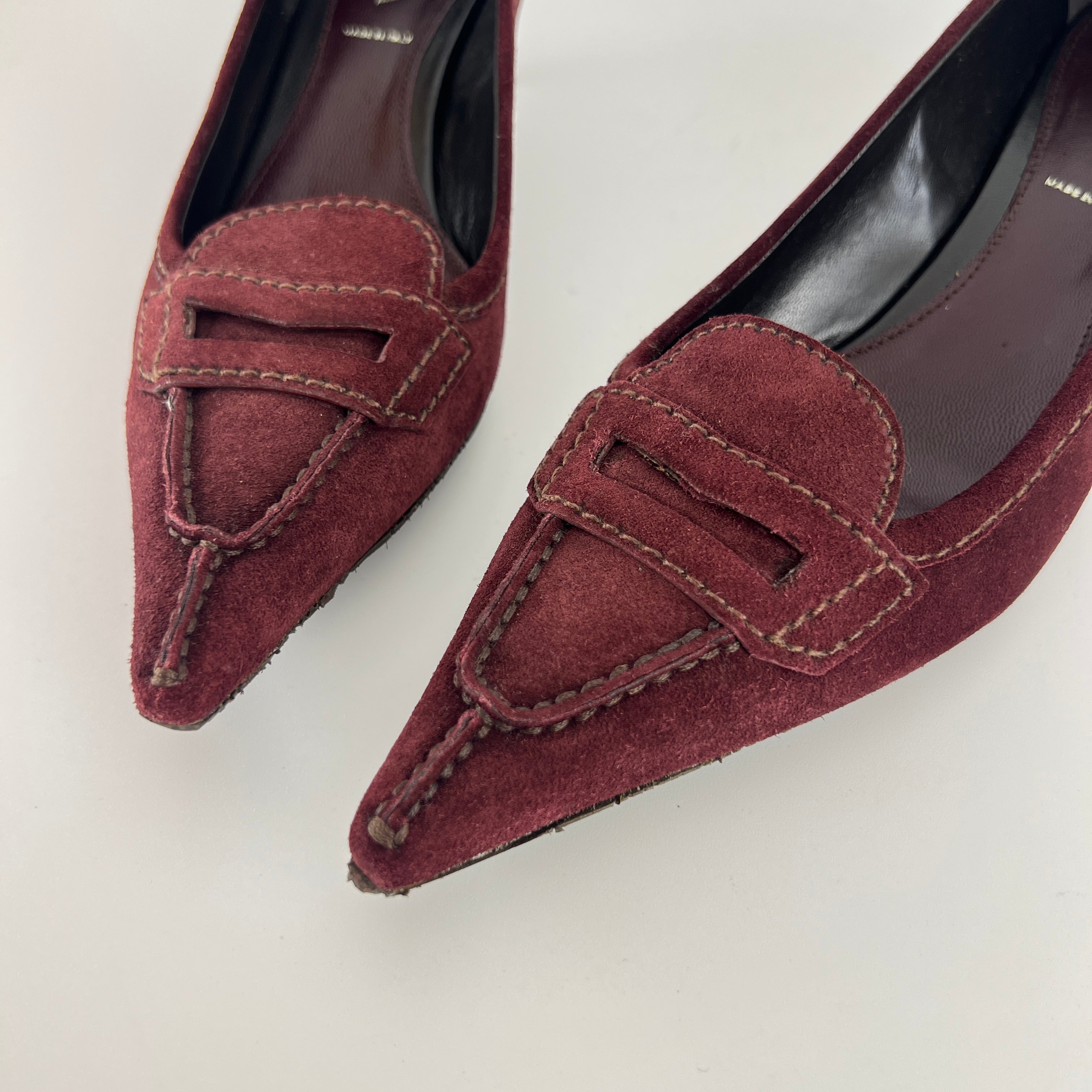 Prada | Burgundy Suede Leather Pointed Toe Kitten Heel Pump (39.5)