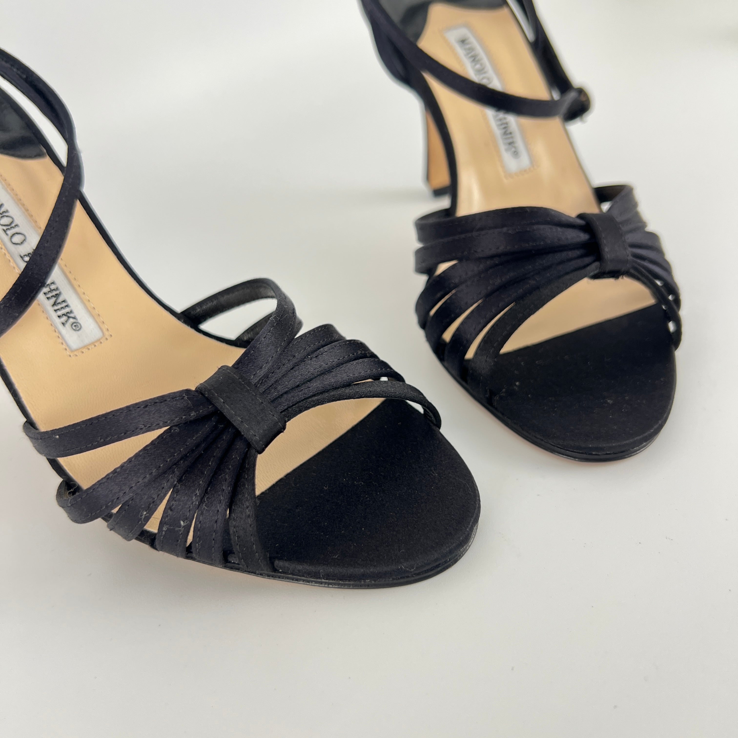 Manolo Blahnik | Black Satin Strappy Ankle Wrap Stiletto Sandal Heels (36)