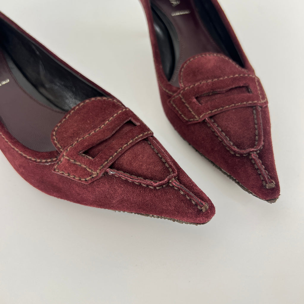 Prada | Burgundy Suede Leather Pointed Toe Kitten Heel Pump (39.5)
