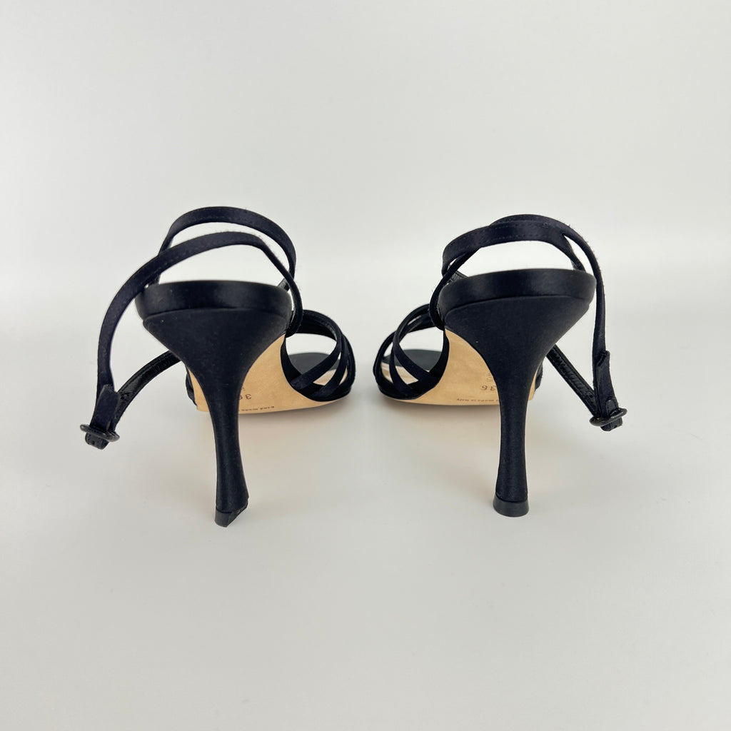 Manolo Blahnik | Black Satin Strappy Ankle Wrap Stiletto Sandal Heels (36)