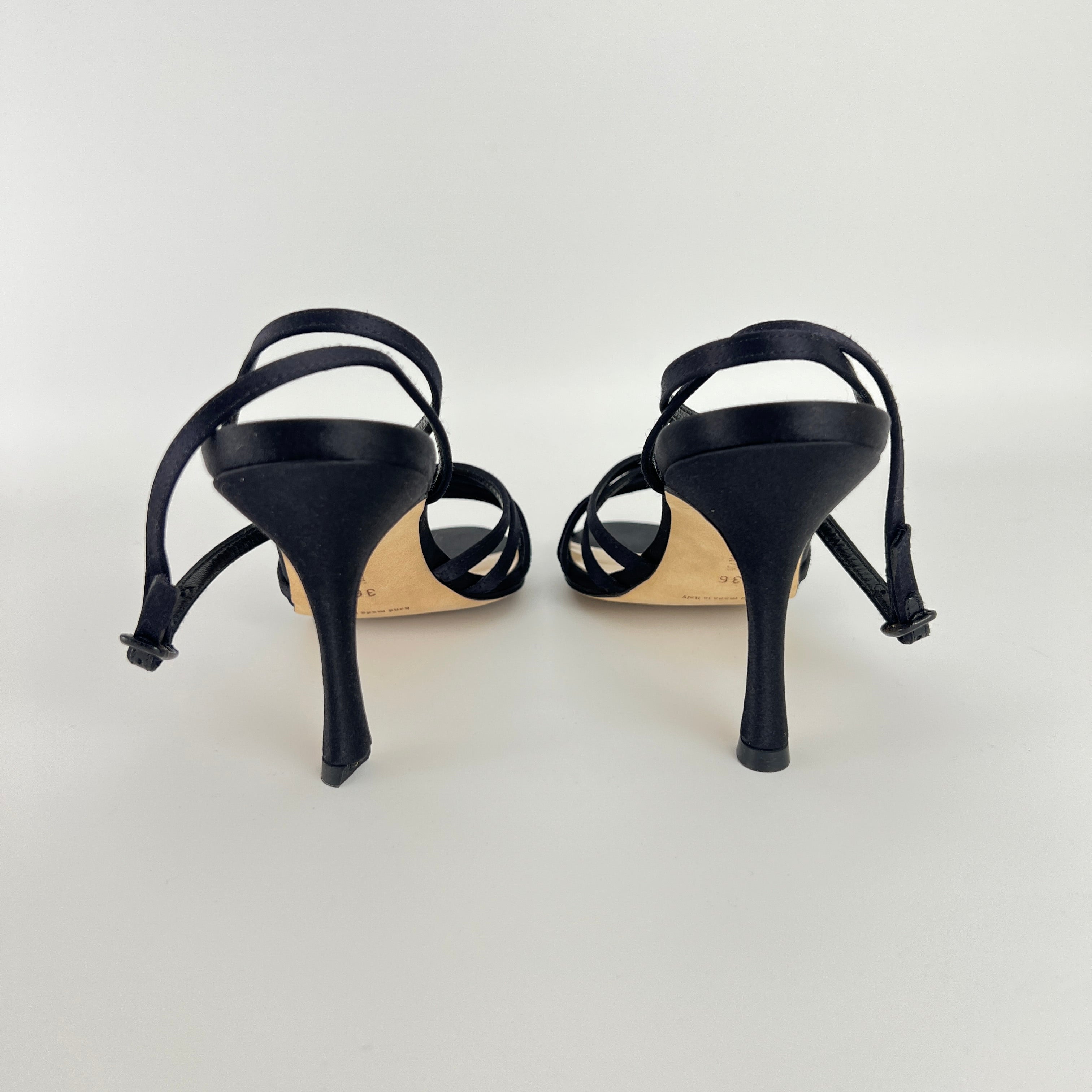 Manolo Blahnik | Black Satin Strappy Ankle Wrap Stiletto Sandal Heels (36)