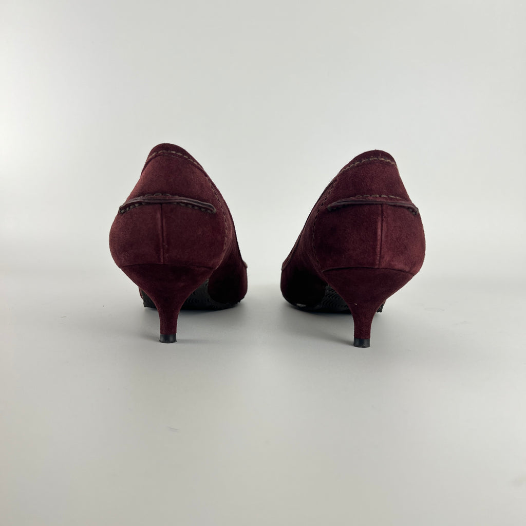 Prada | Burgundy Suede Leather Pointed Toe Kitten Heel Pump (39.5)