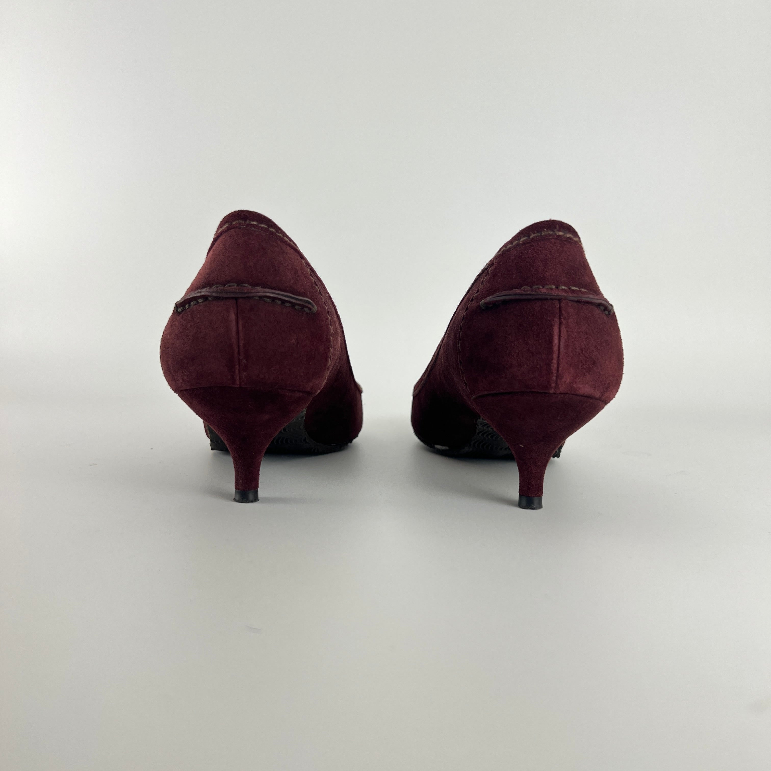 Prada | Burgundy Suede Leather Pointed Toe Kitten Heel Pump (39.5)