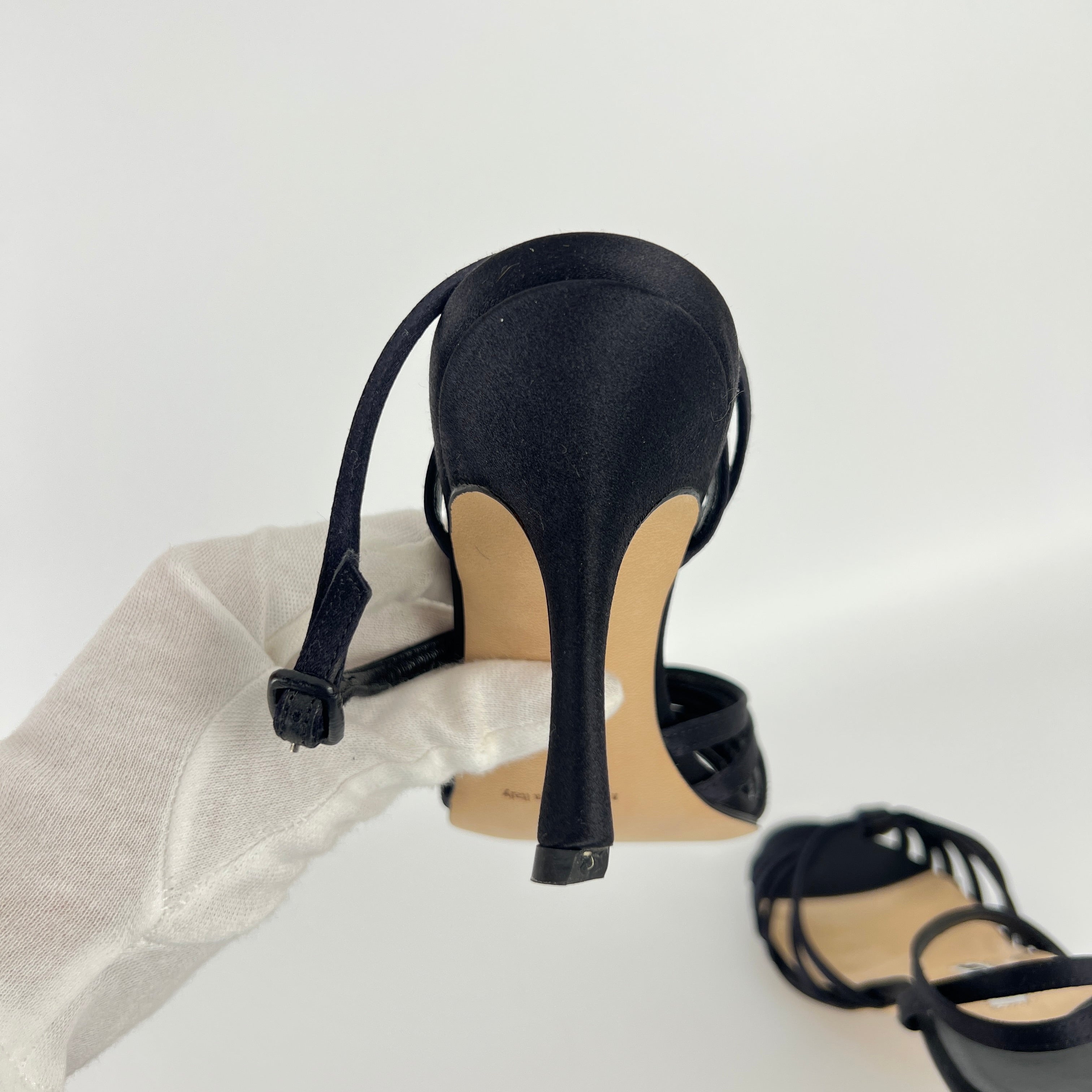 Manolo Blahnik | Black Satin Strappy Ankle Wrap Stiletto Sandal Heels (36)