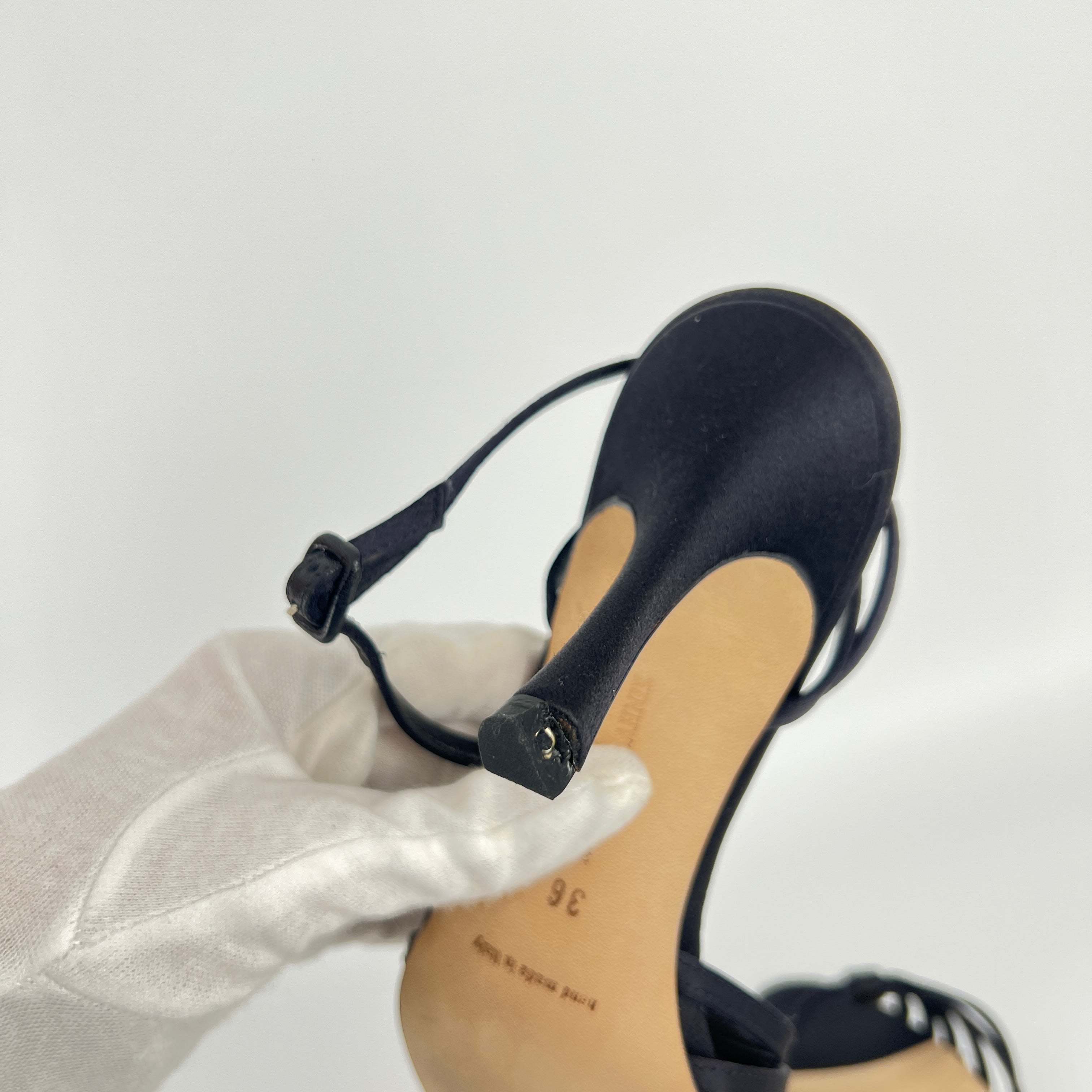 Manolo Blahnik | Black Satin Strappy Ankle Wrap Stiletto Sandal Heels (36)