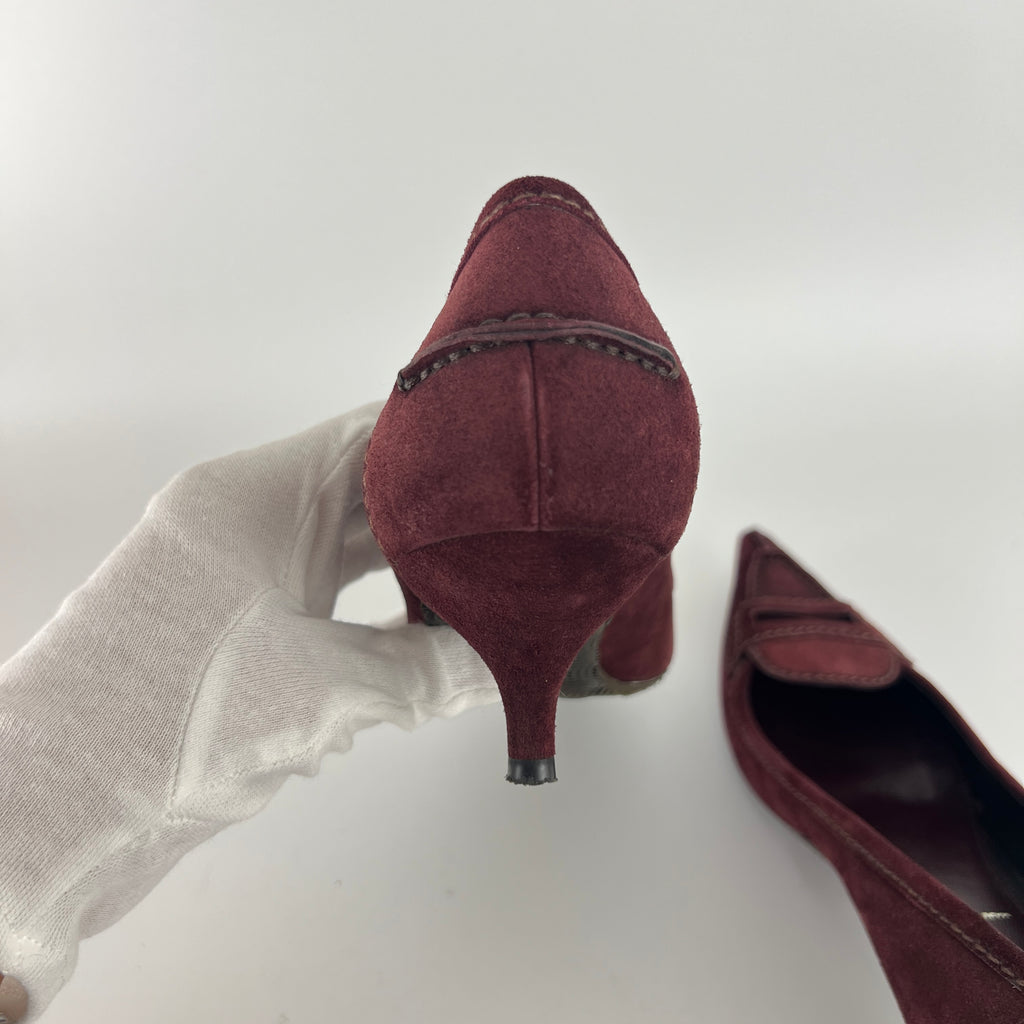 Prada | Burgundy Suede Leather Pointed Toe Kitten Heel Pump (39.5)
