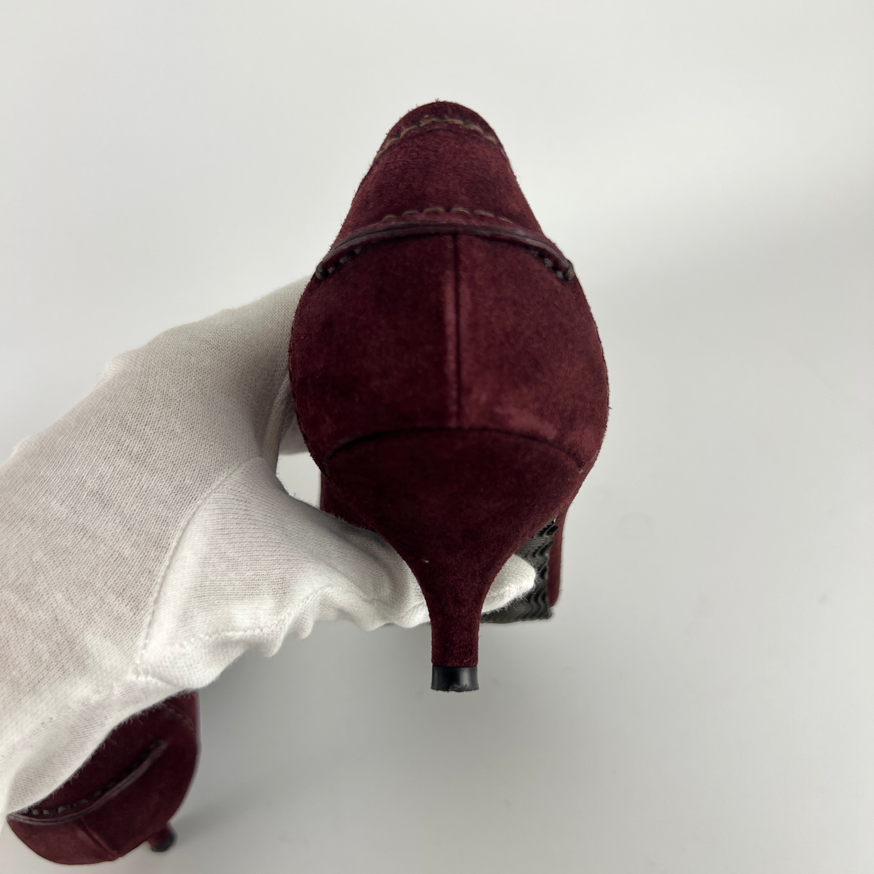 Prada | Burgundy Suede Leather Pointed Toe Kitten Heel Pump (39.5)