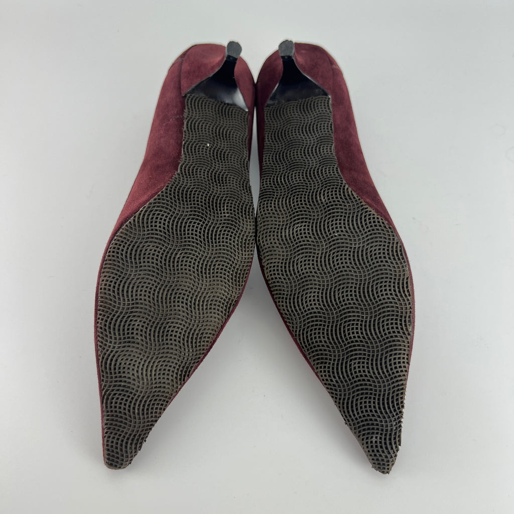 Prada | Burgundy Suede Leather Pointed Toe Kitten Heel Pump (39.5)