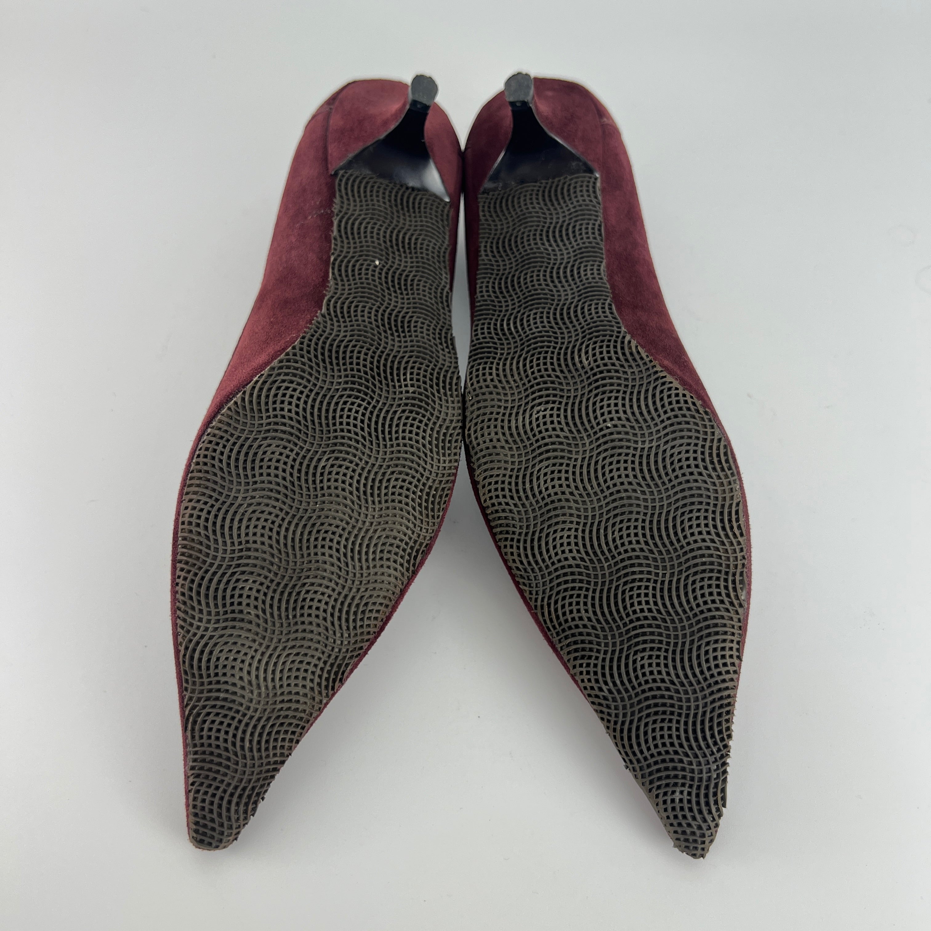 Prada | Burgundy Suede Leather Pointed Toe Kitten Heel Pump (39.5)