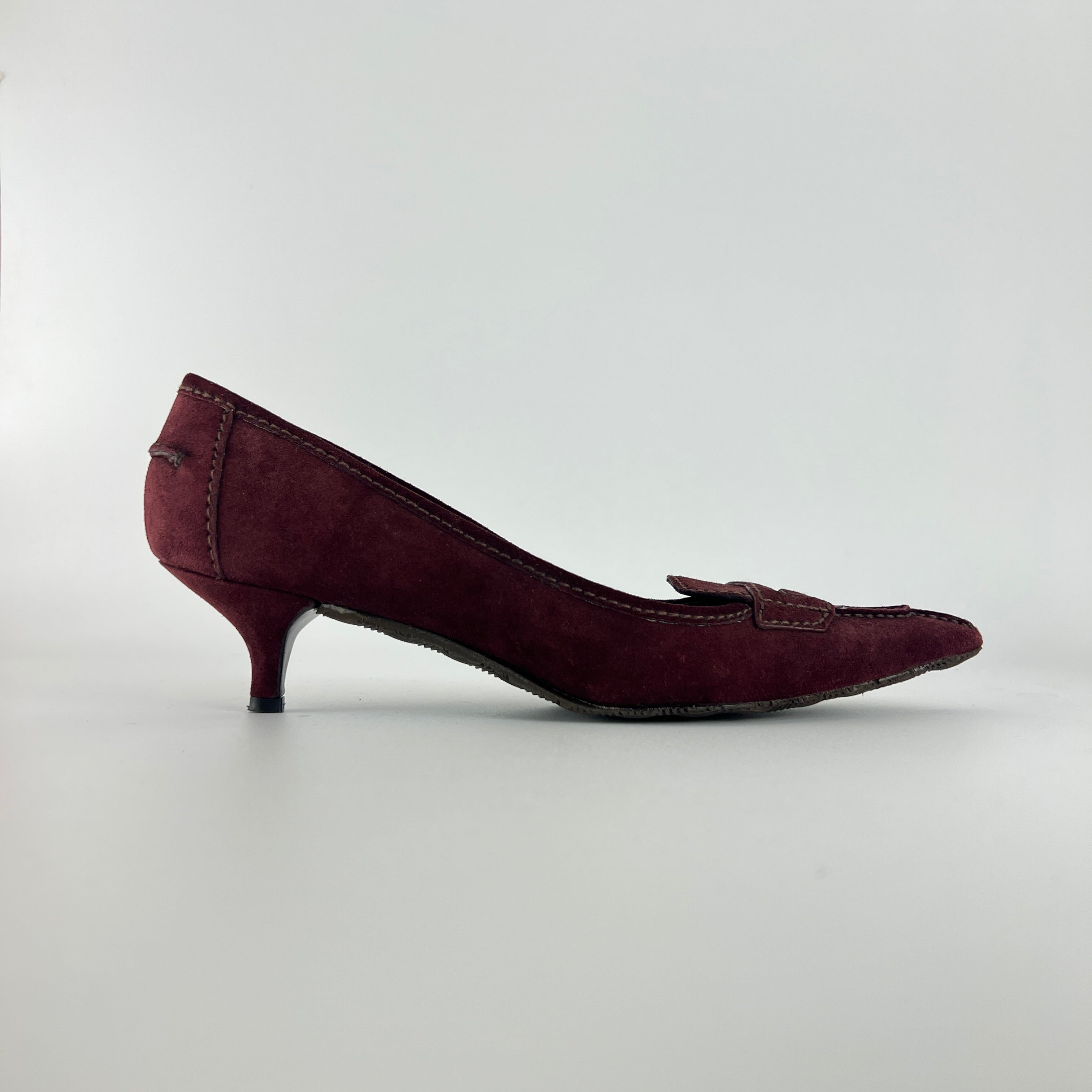 Prada | Burgundy Suede Leather Pointed Toe Kitten Heel Pump (39.5)