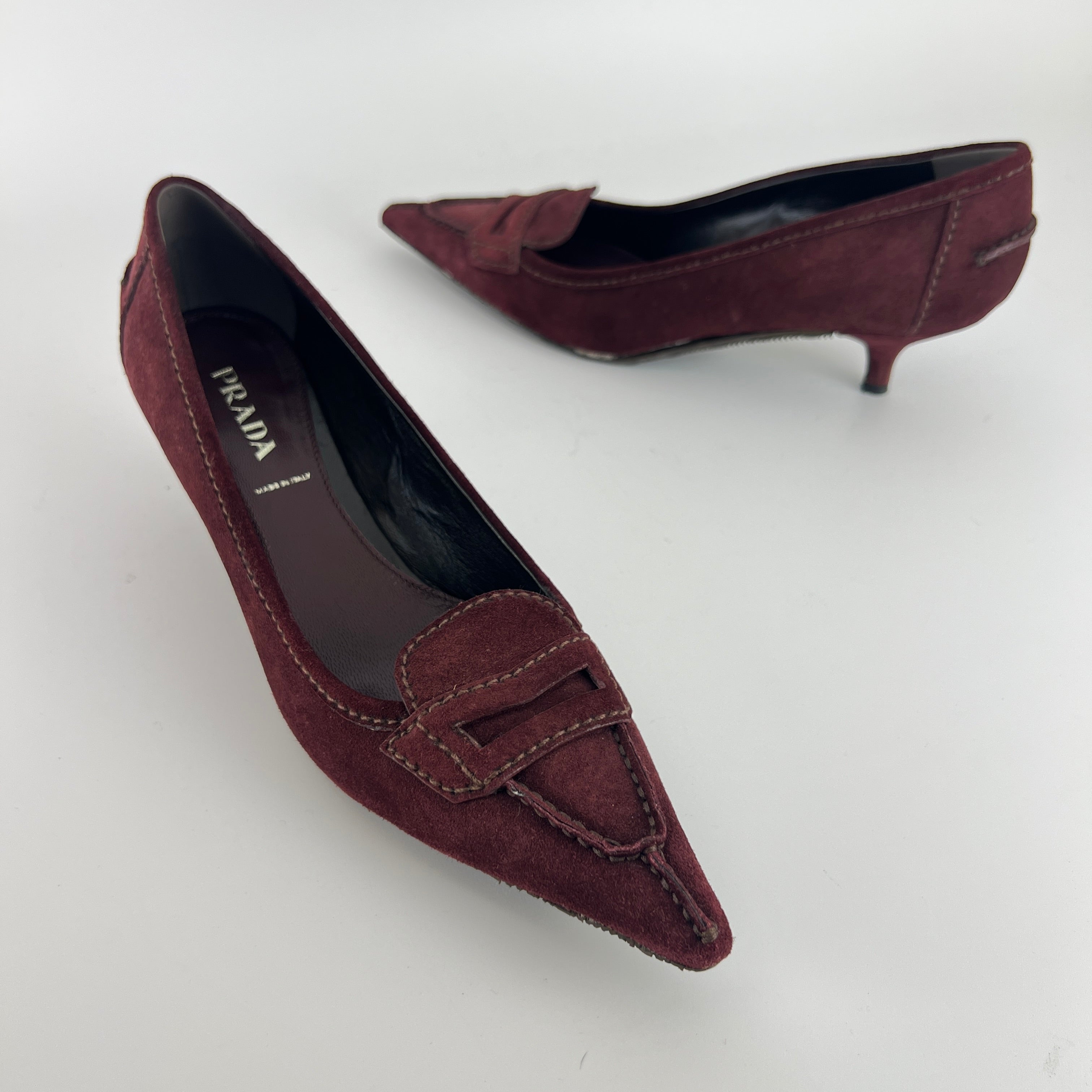 Prada | Burgundy Suede Leather Pointed Toe Kitten Heel Pump (39.5)