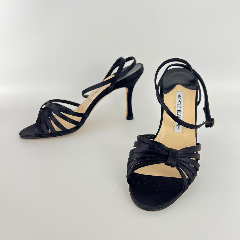 Manolo Blahnik | Black Satin Strappy Ankle Wrap Stiletto Sandal Heels (36)