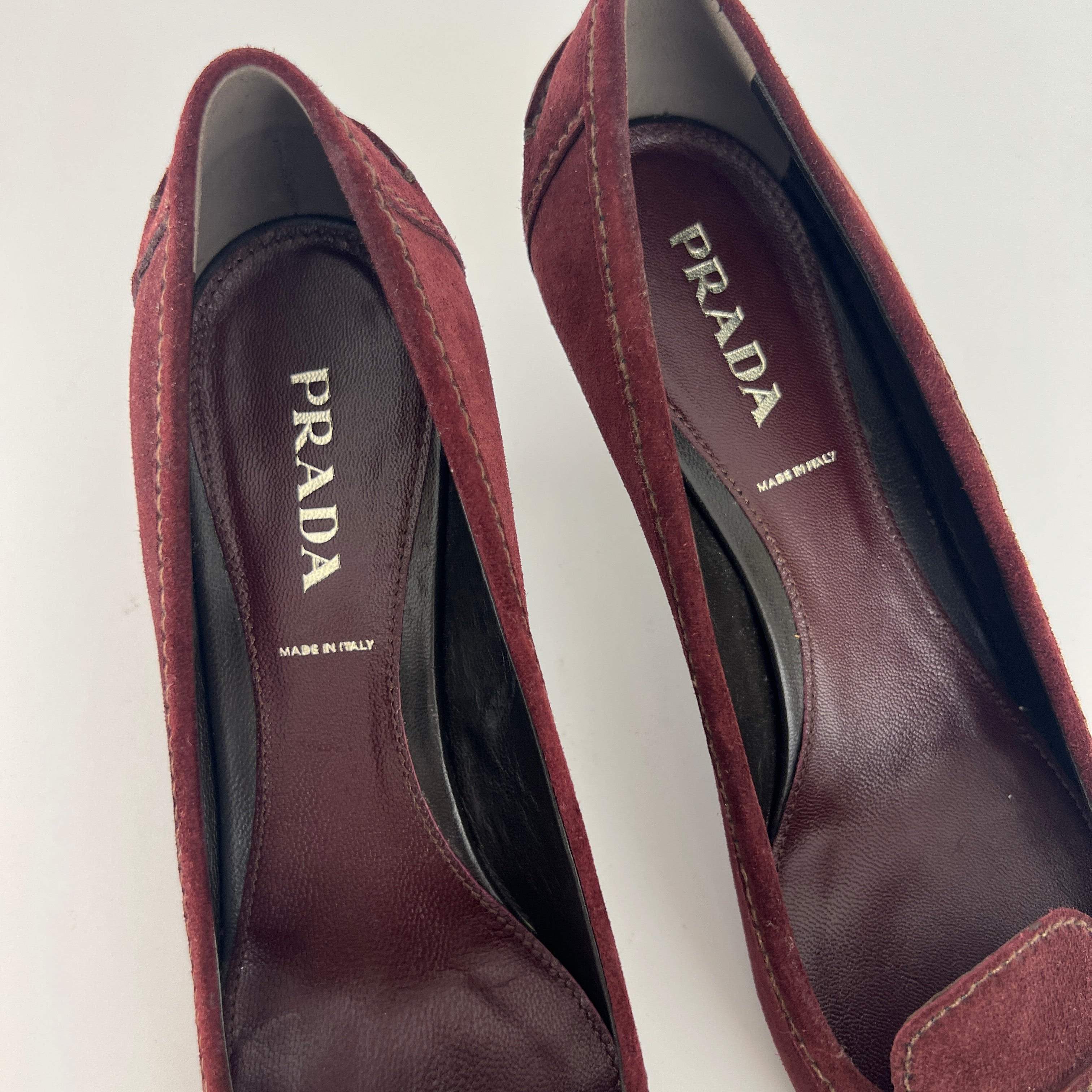 Prada | Burgundy Suede Leather Pointed Toe Kitten Heel Pump (39.5)