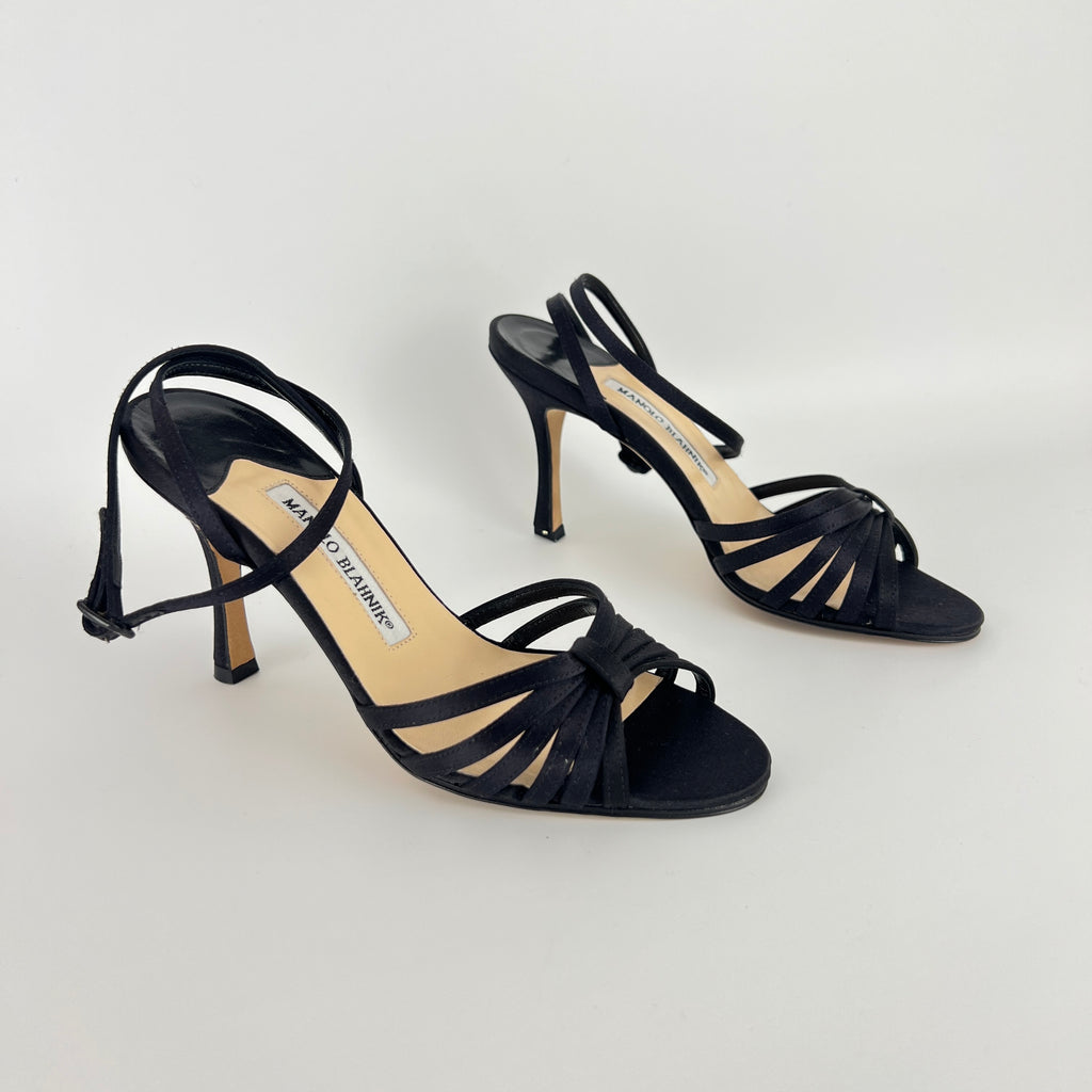 Manolo Blahnik | Black Satin Strappy Ankle Wrap Stiletto Sandal Heels (36)