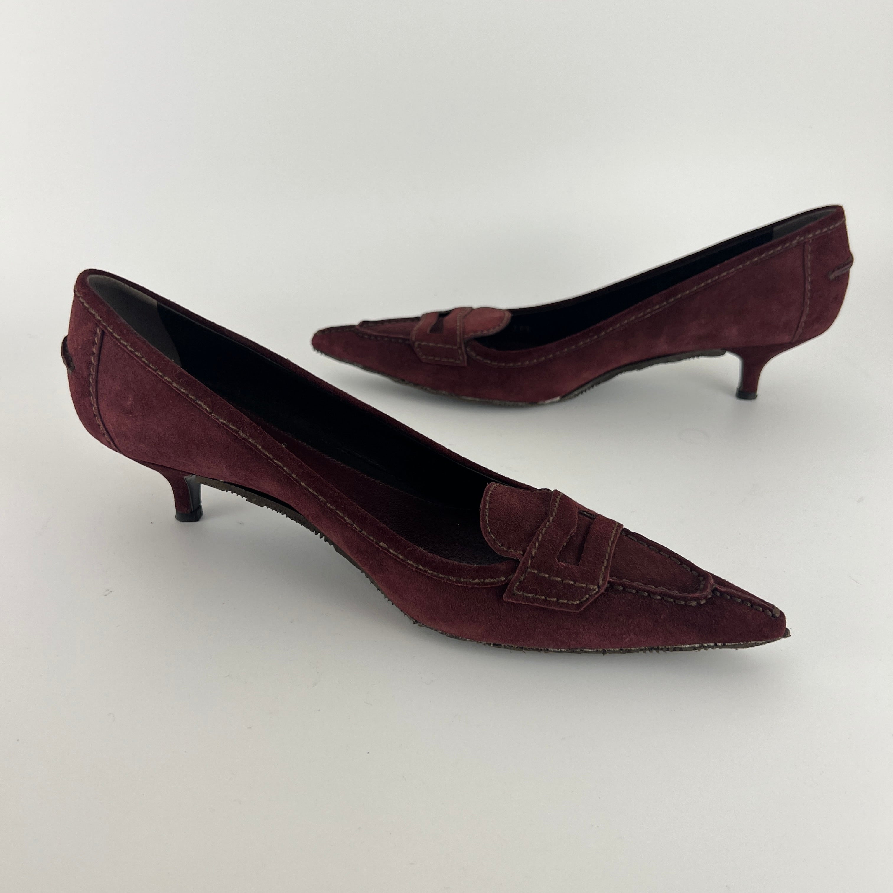 Prada | Burgundy Suede Leather Pointed Toe Kitten Heel Pump (39.5)
