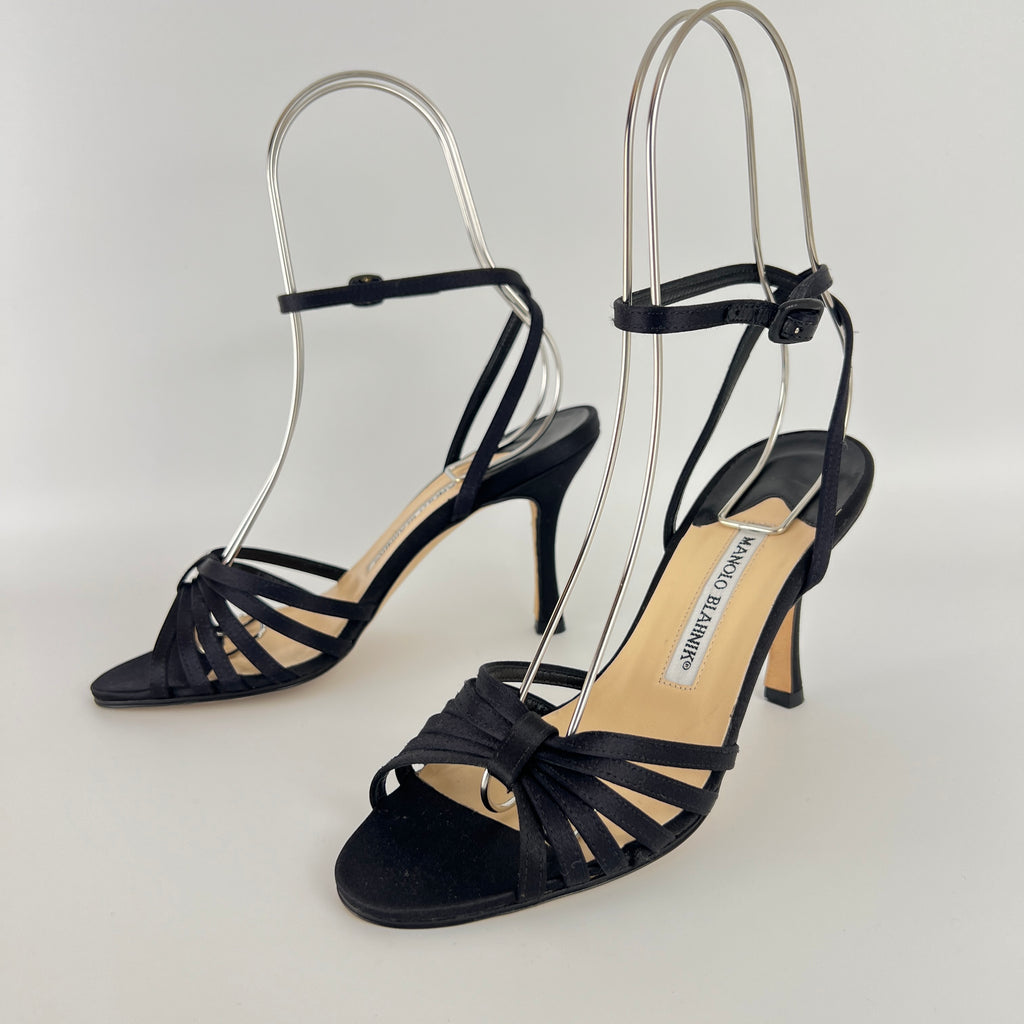 Manolo Blahnik | Black Satin Strappy Ankle Wrap Stiletto Sandal Heels (36)
