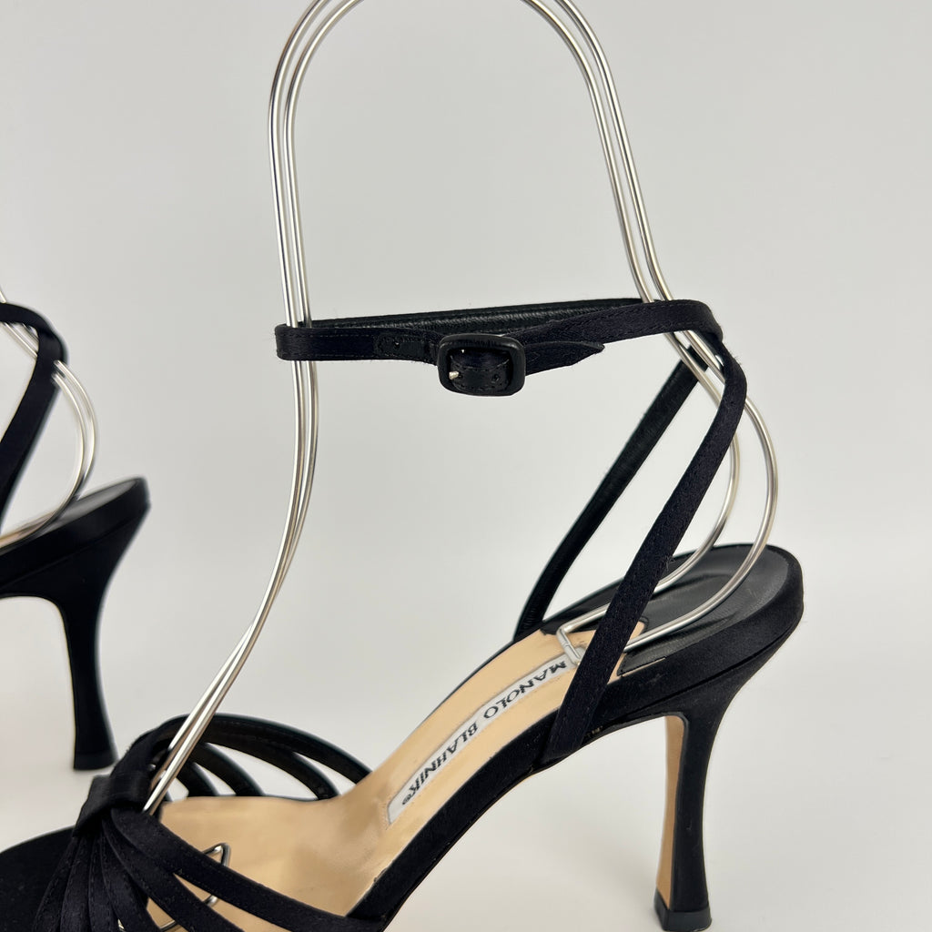 Manolo Blahnik | Black Satin Strappy Ankle Wrap Stiletto Sandal Heels (36)