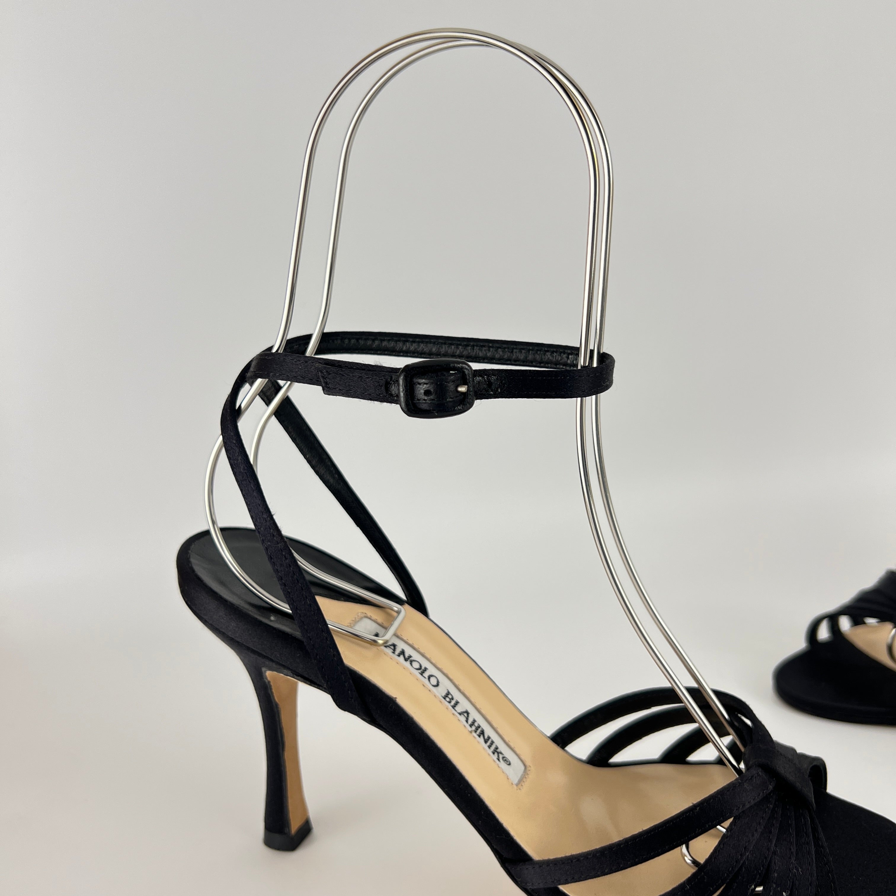 Manolo Blahnik | Black Satin Strappy Ankle Wrap Stiletto Sandal Heels (36)