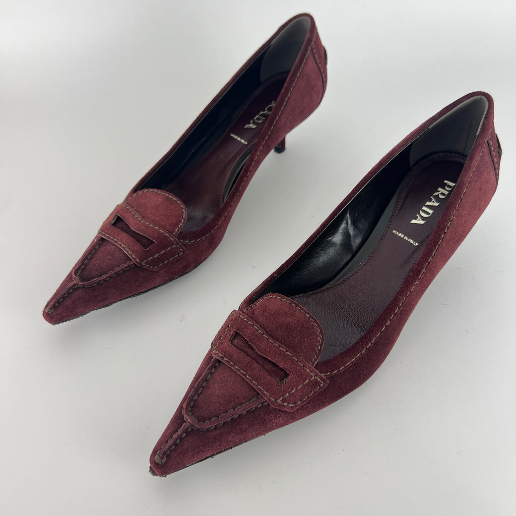 Prada | Burgundy Suede Leather Pointed Toe Kitten Heel Pump (39.5)