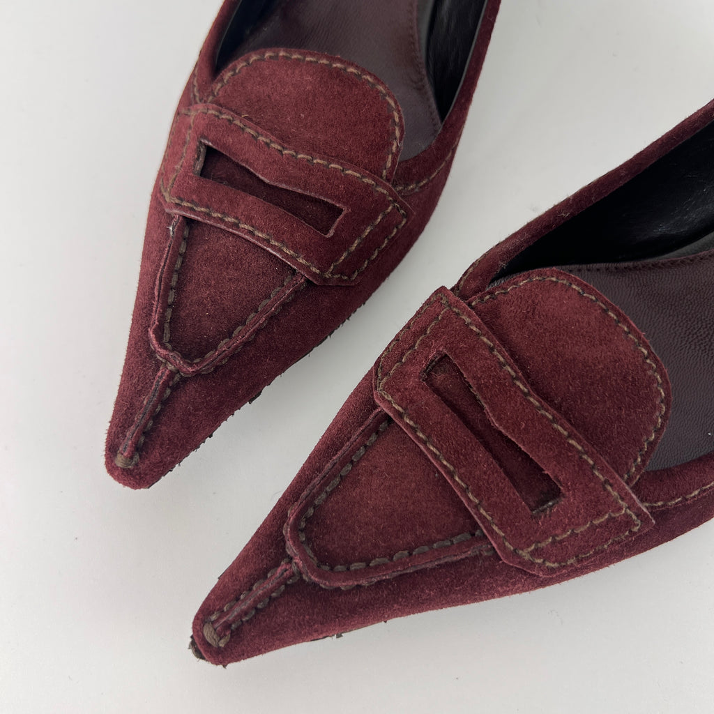 Prada | Burgundy Suede Leather Pointed Toe Kitten Heel Pump (39.5)