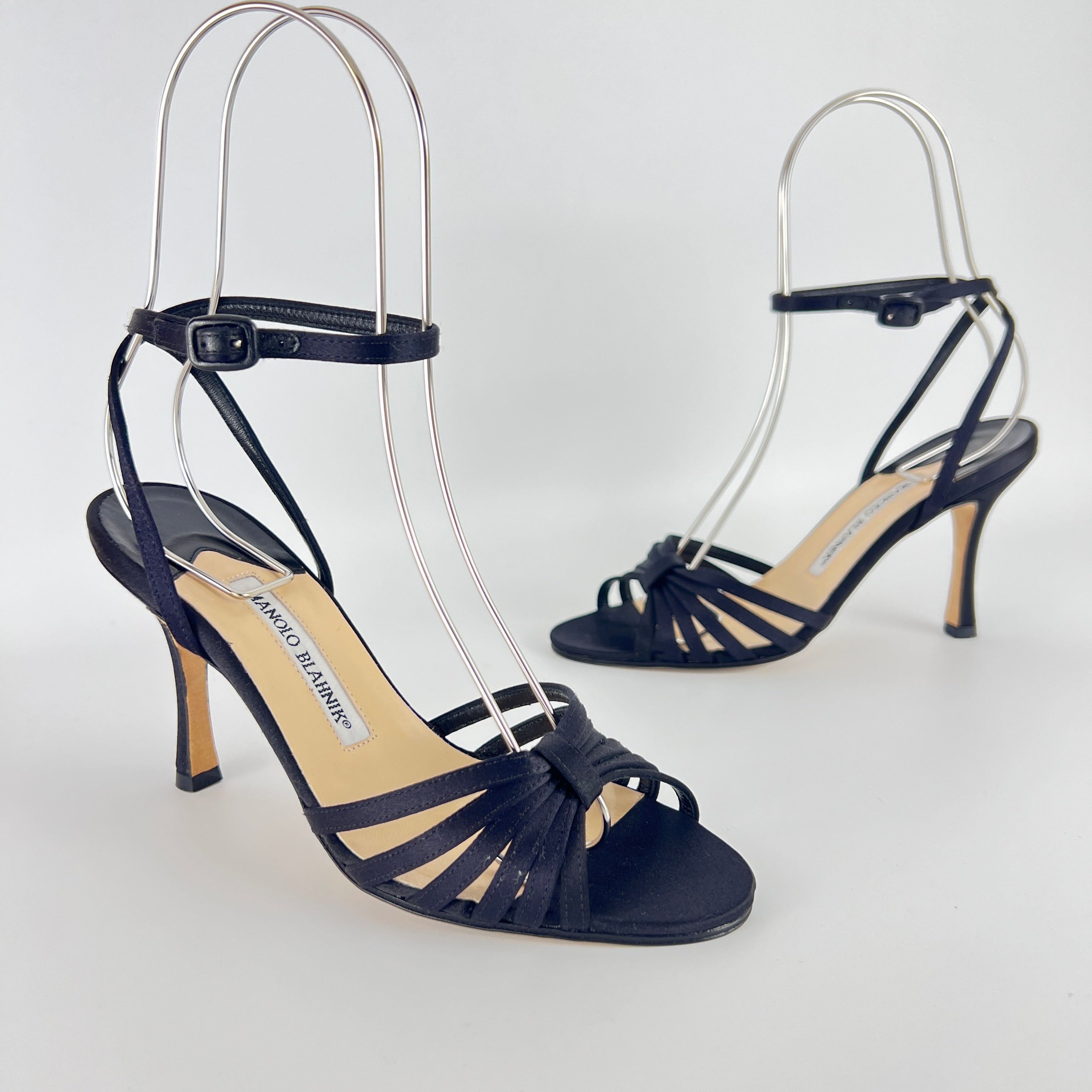 Manolo Blahnik | Black Satin Strappy Ankle Wrap Stiletto Sandal Heels (36)