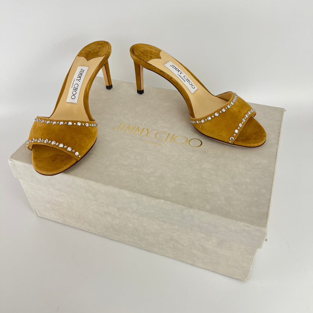 Jimmy Choo | Stacey 65 Hazel Suede Leather Silver Rhinestone Mules (35.5)