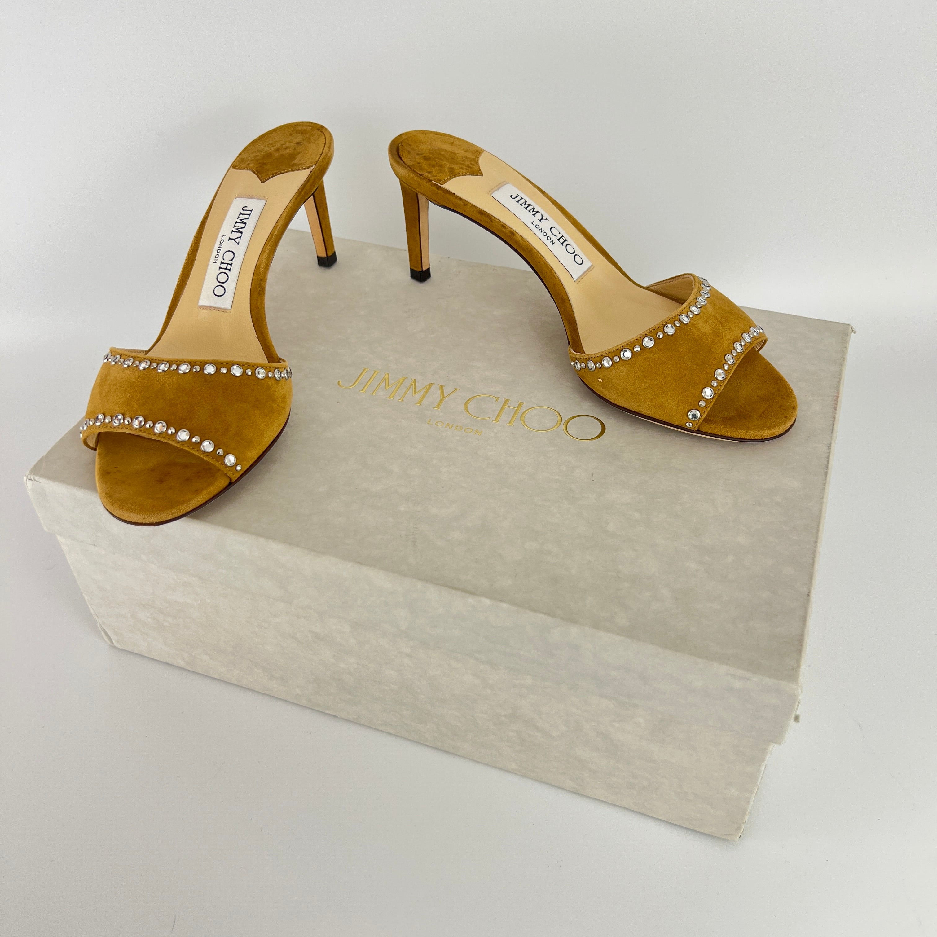 Jimmy Choo | Stacey 65 Hazel Suede Leather Silver Rhinestone Mules (35.5)