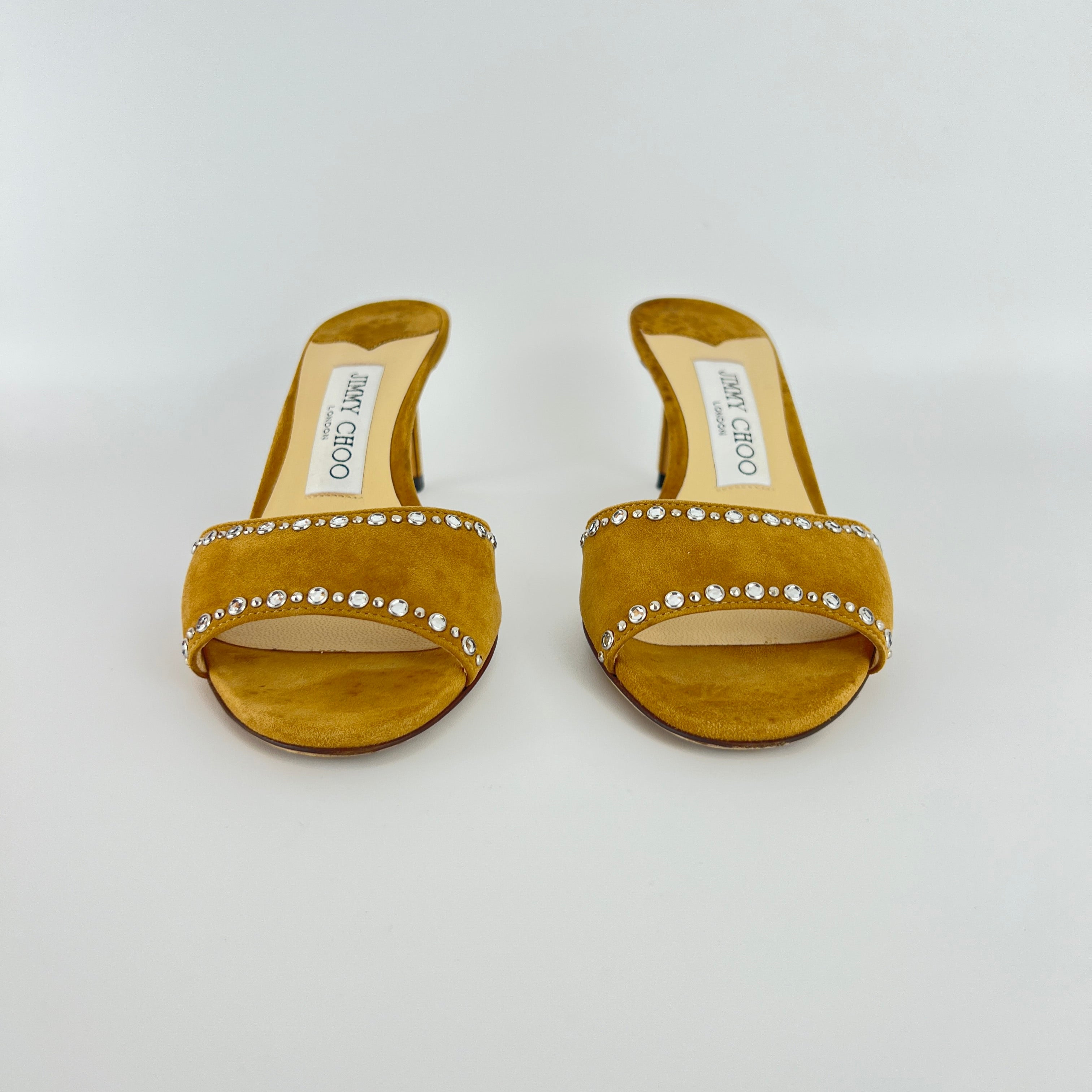 Jimmy Choo | Stacey 65 Hazel Suede Leather Silver Rhinestone Mules (35.5)