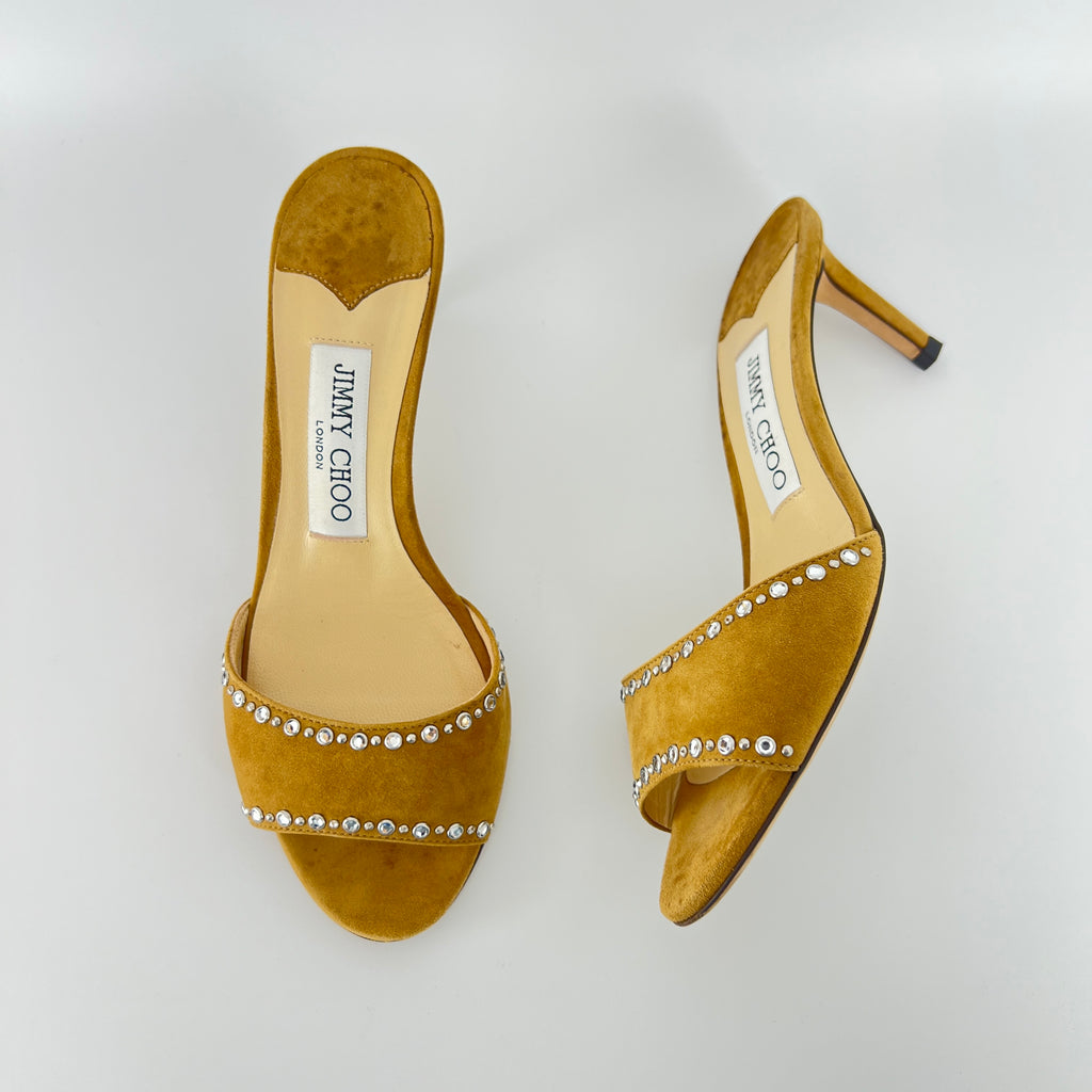 Jimmy Choo | Stacey 65 Hazel Suede Leather Silver Rhinestone Mules (35.5)