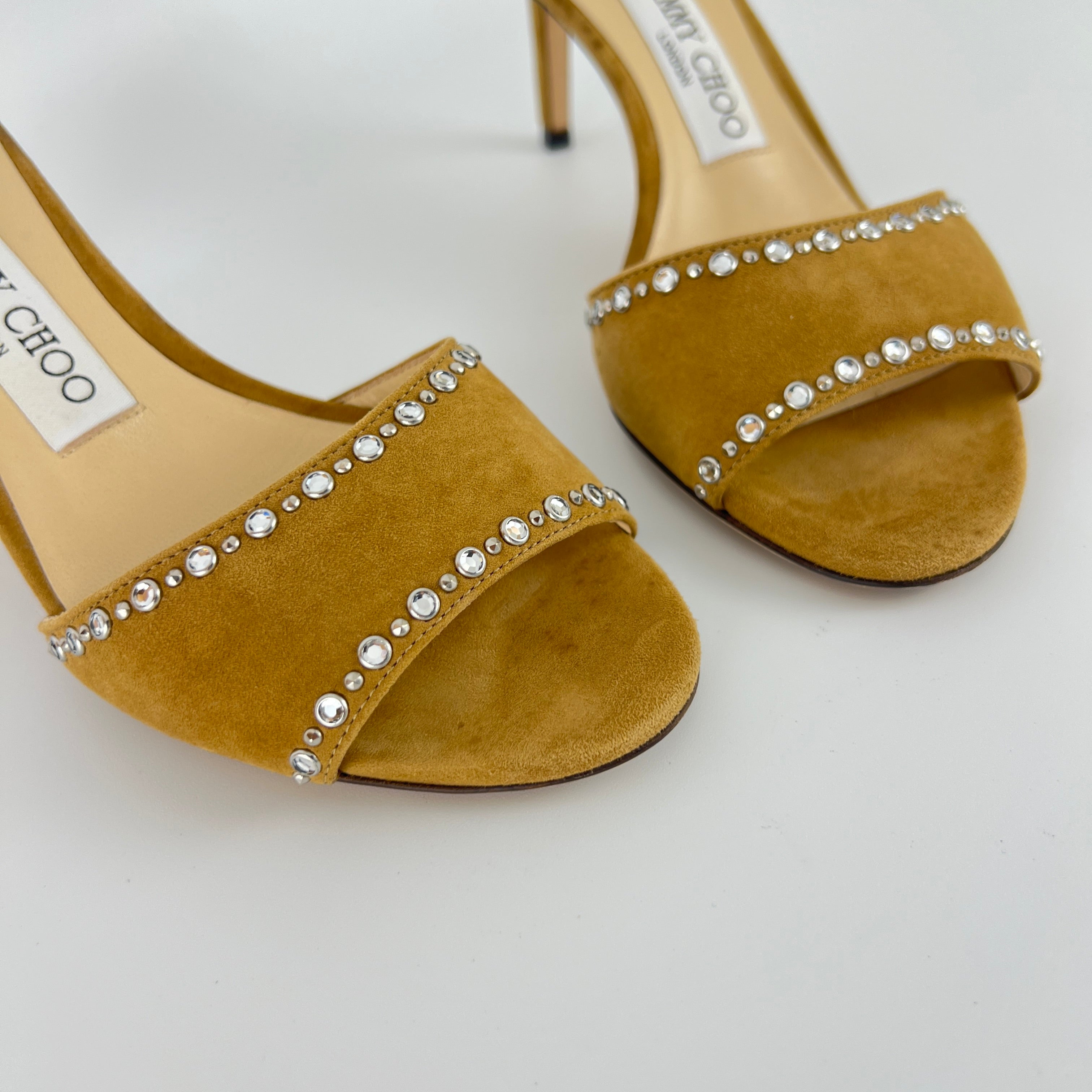 Jimmy Choo | Stacey 65 Hazel Suede Leather Silver Rhinestone Mules (35.5)