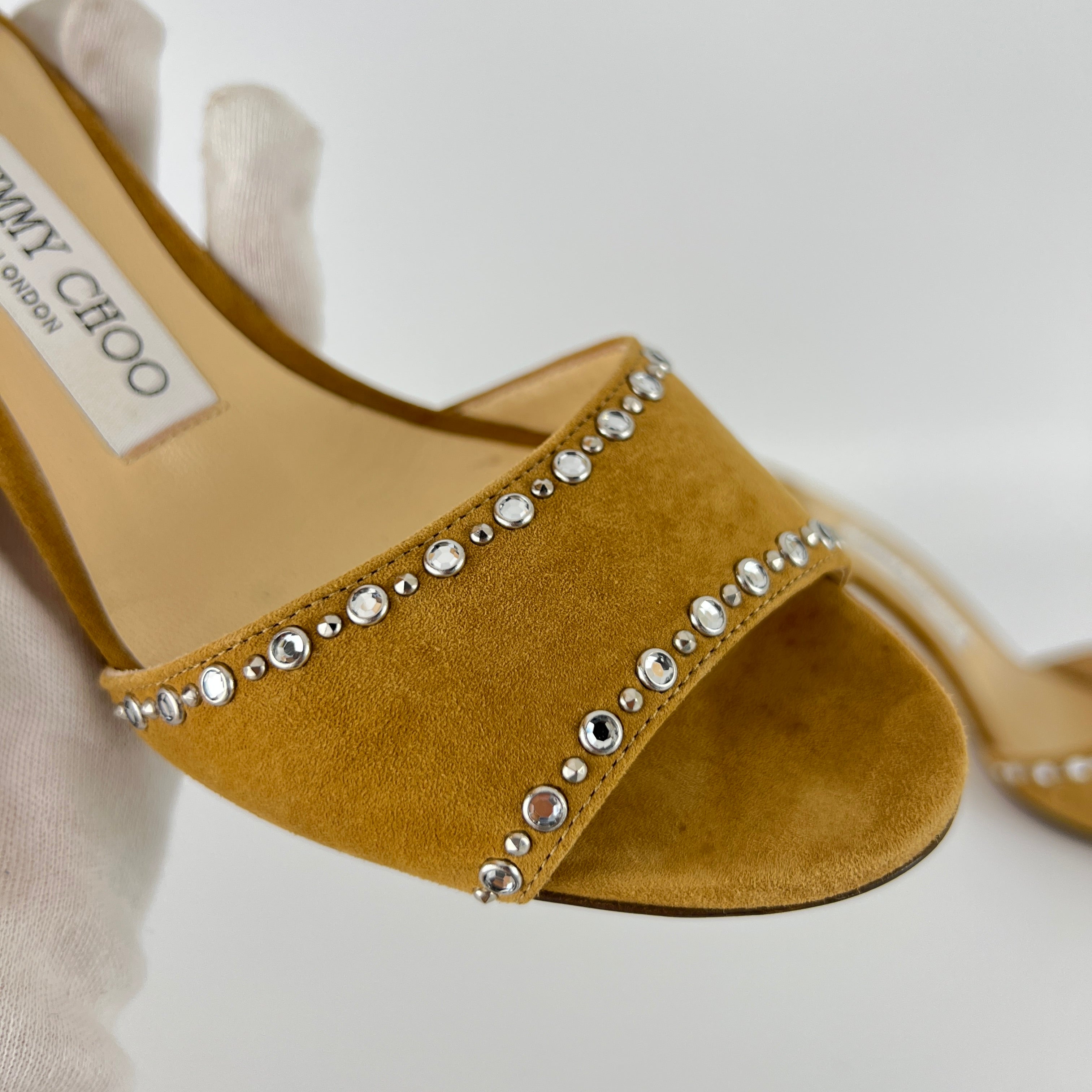 Jimmy Choo | Stacey 65 Hazel Suede Leather Silver Rhinestone Mules (35.5)
