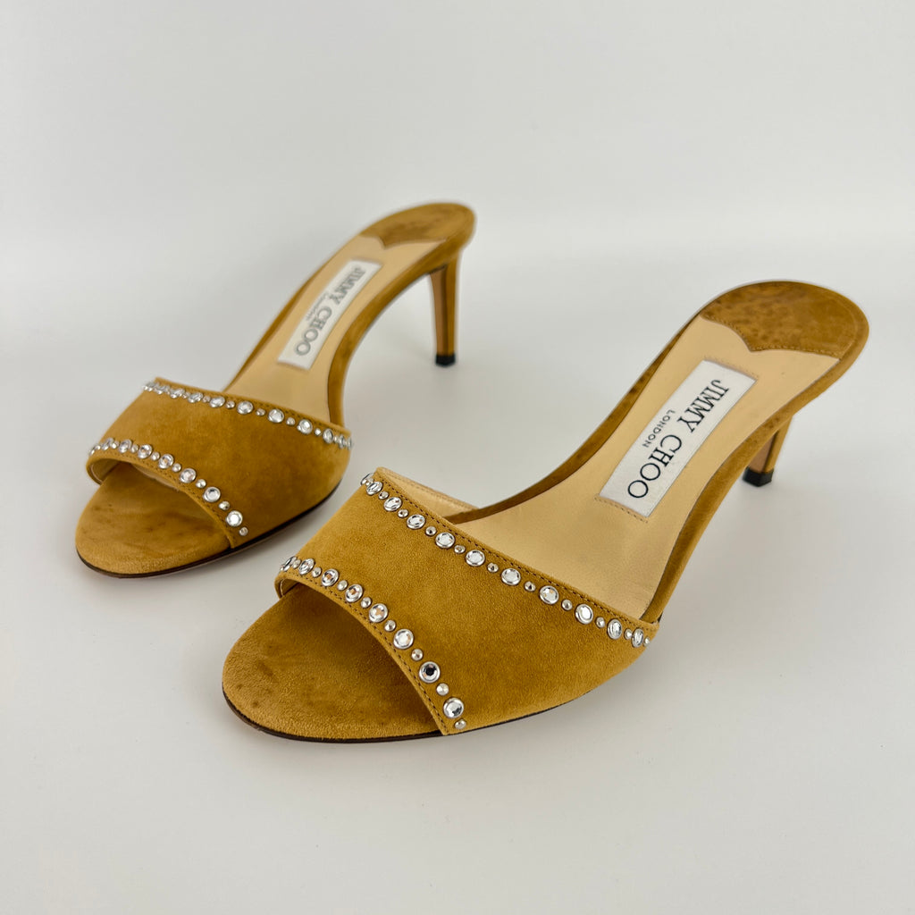 Jimmy Choo | Stacey 65 Hazel Suede Leather Silver Rhinestone Mules (35.5)
