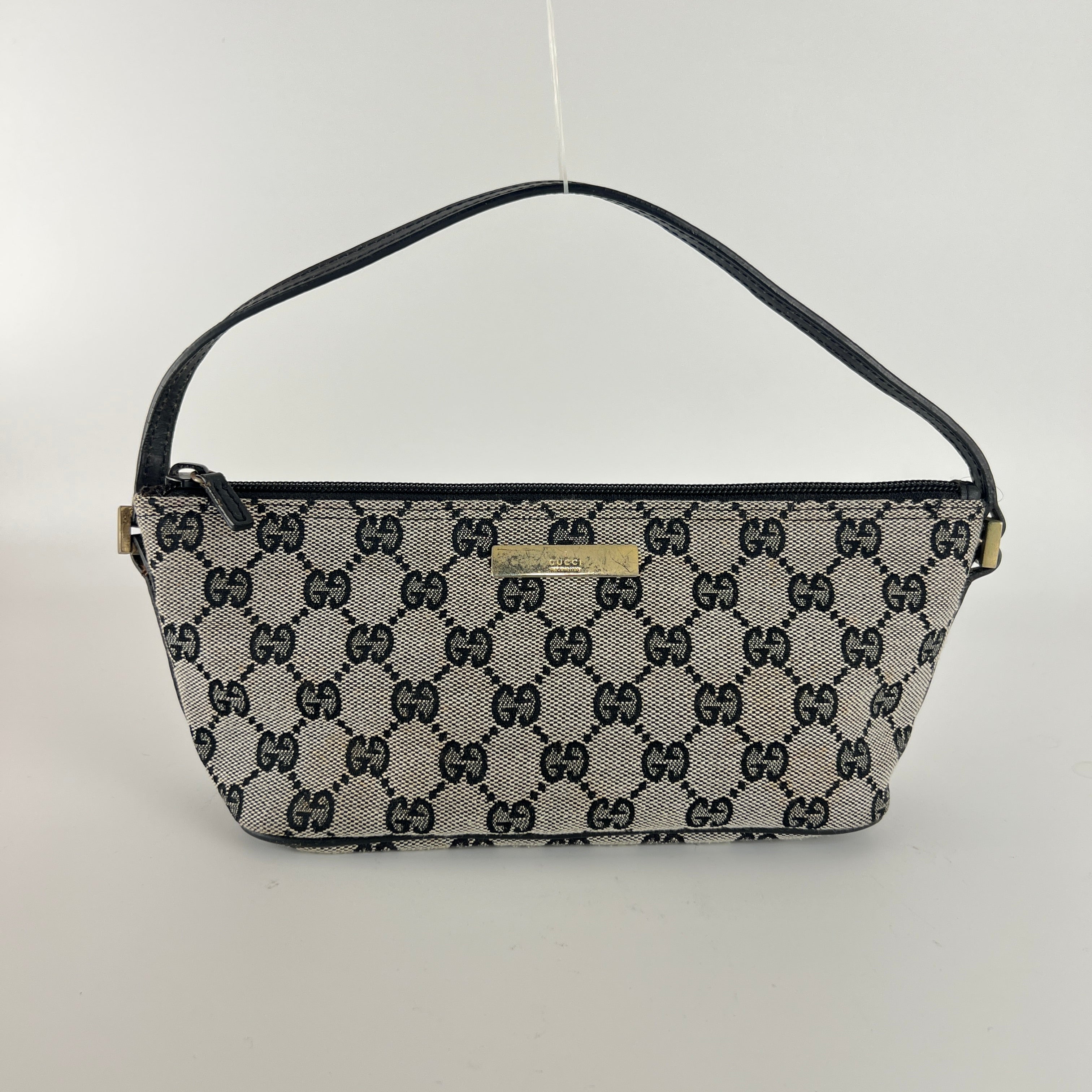 Gucci | Tom Ford Era Boat Pochette GG Monogram Grey Canvas Black Leather Bag