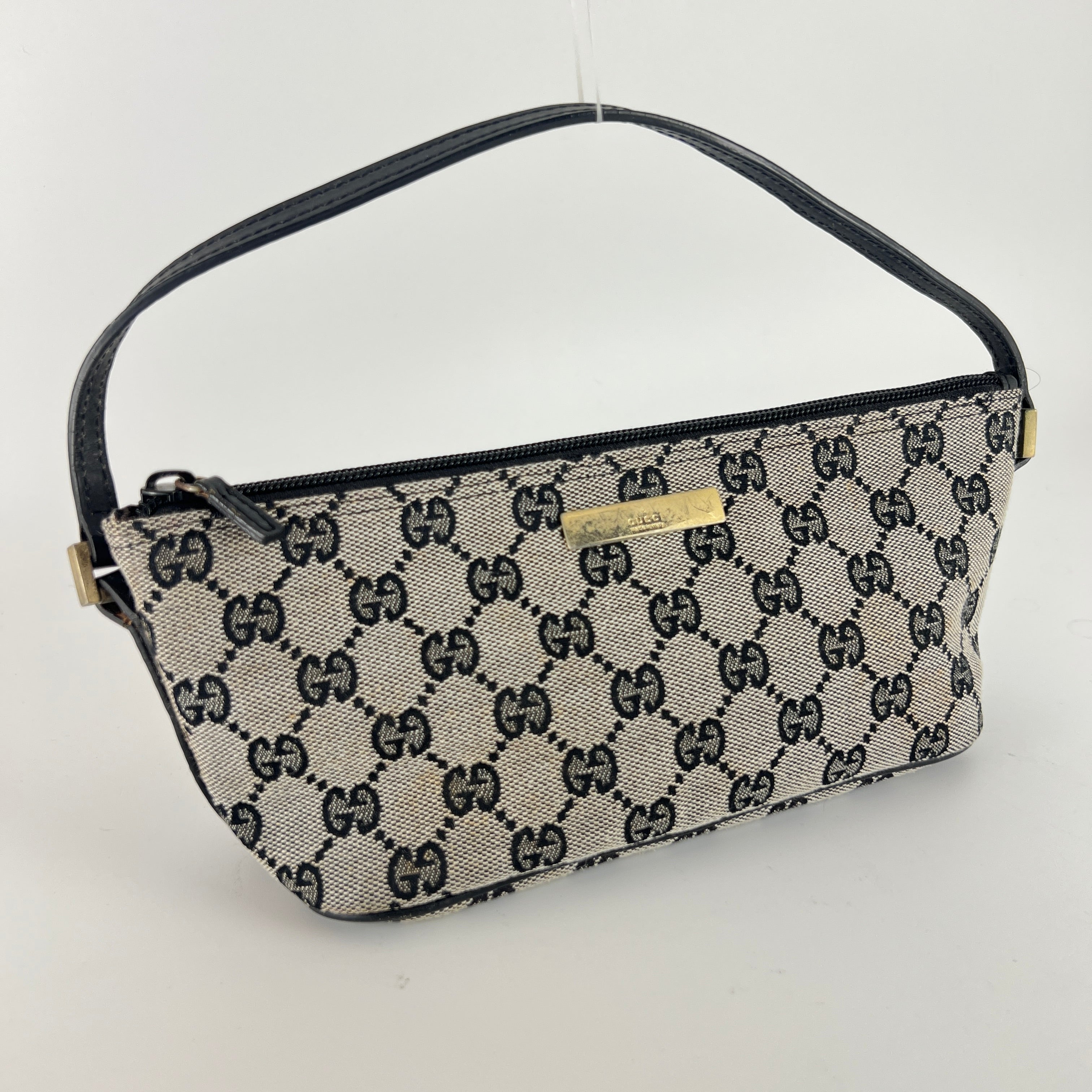 Gucci | Tom Ford Era Boat Pochette GG Monogram Grey Canvas Black Leather Bag
