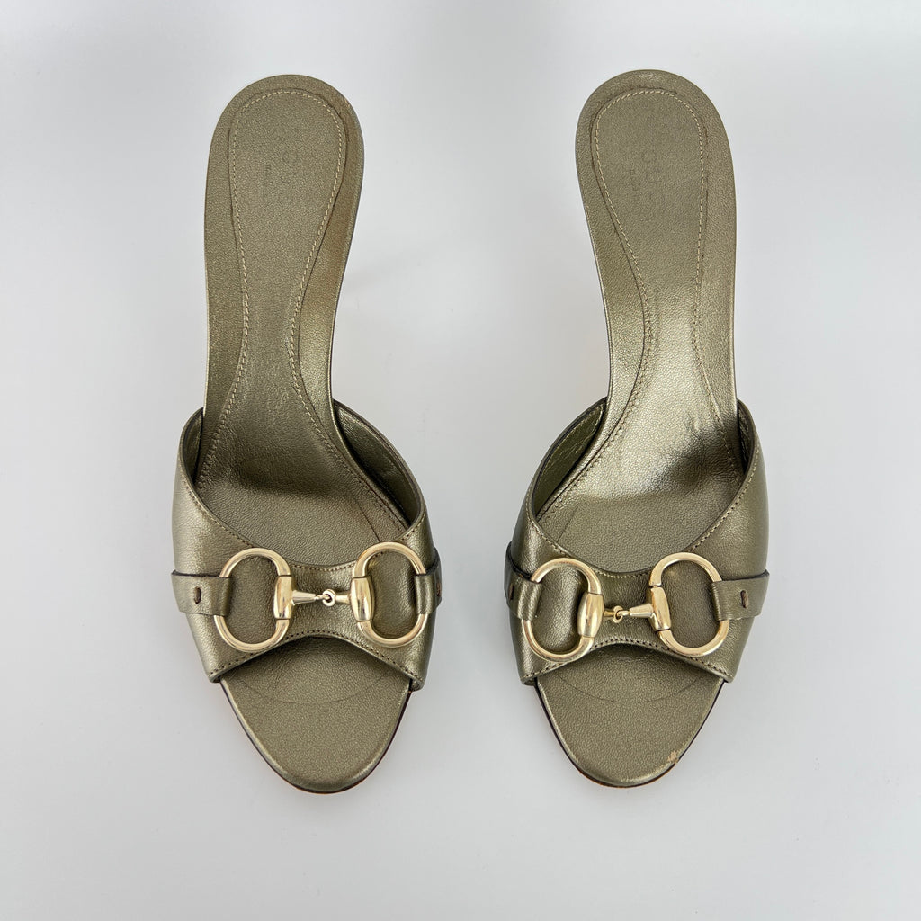 Gucci | Metallic Olive Leather Silver Horse Bit Sandal Stiletto Mules (35)