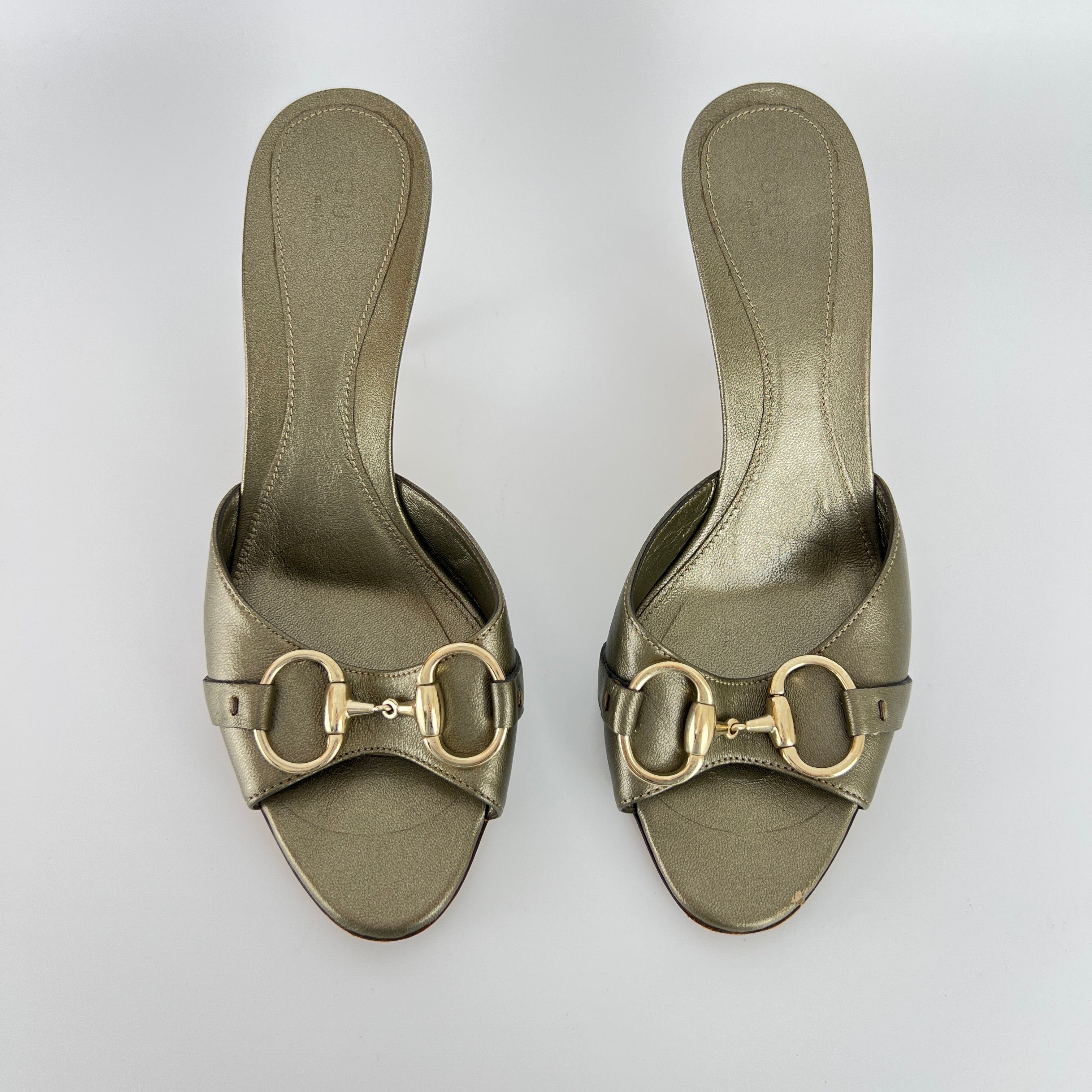 Gucci | Metallic Olive Leather Silver Horse Bit Sandal Stiletto Mules (35)