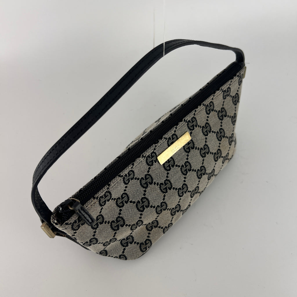 Gucci | Tom Ford Era Boat Pochette GG Monogram Grey Canvas Black Leather Bag