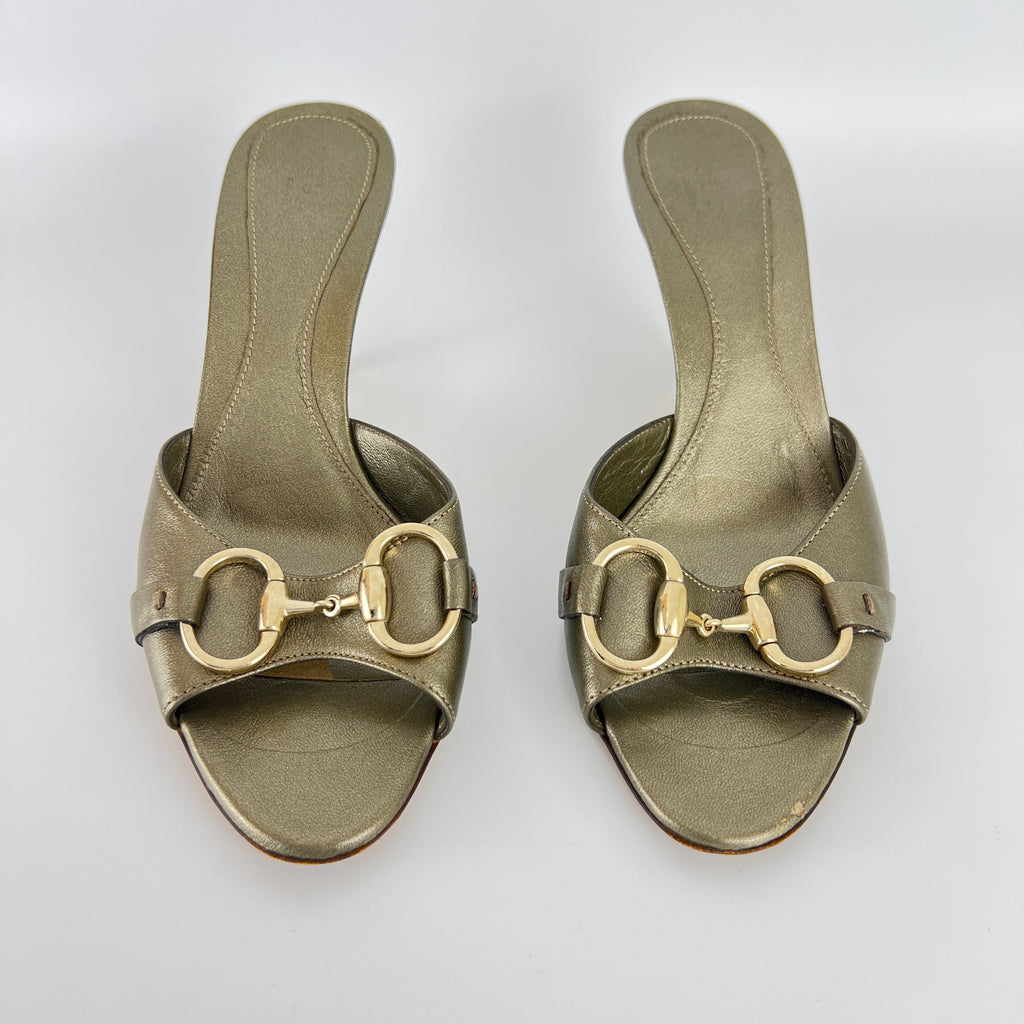 Gucci | Metallic Olive Leather Silver Horse Bit Sandal Stiletto Mules (35)