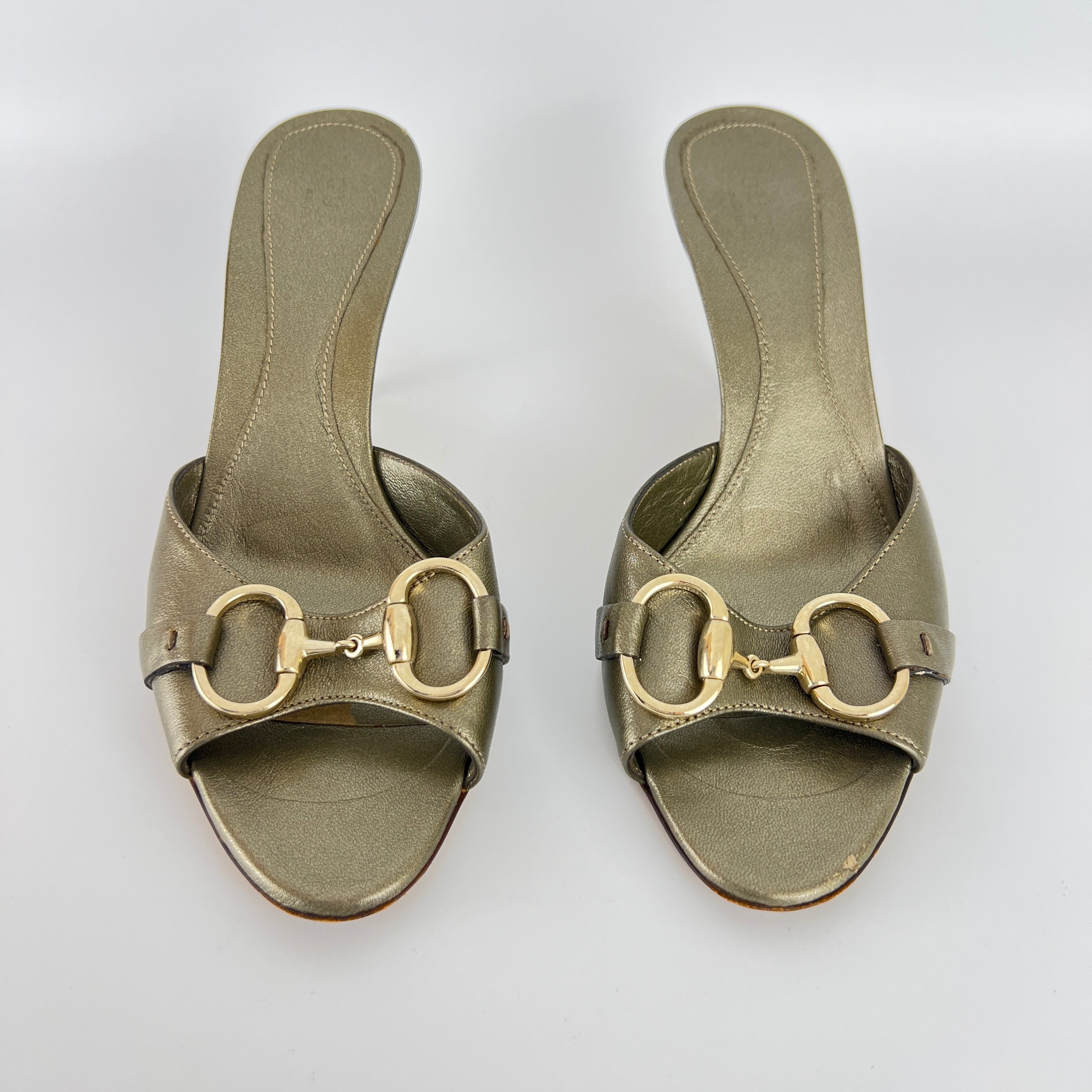 Gucci | Metallic Olive Leather Silver Horse Bit Sandal Stiletto Mules (35)