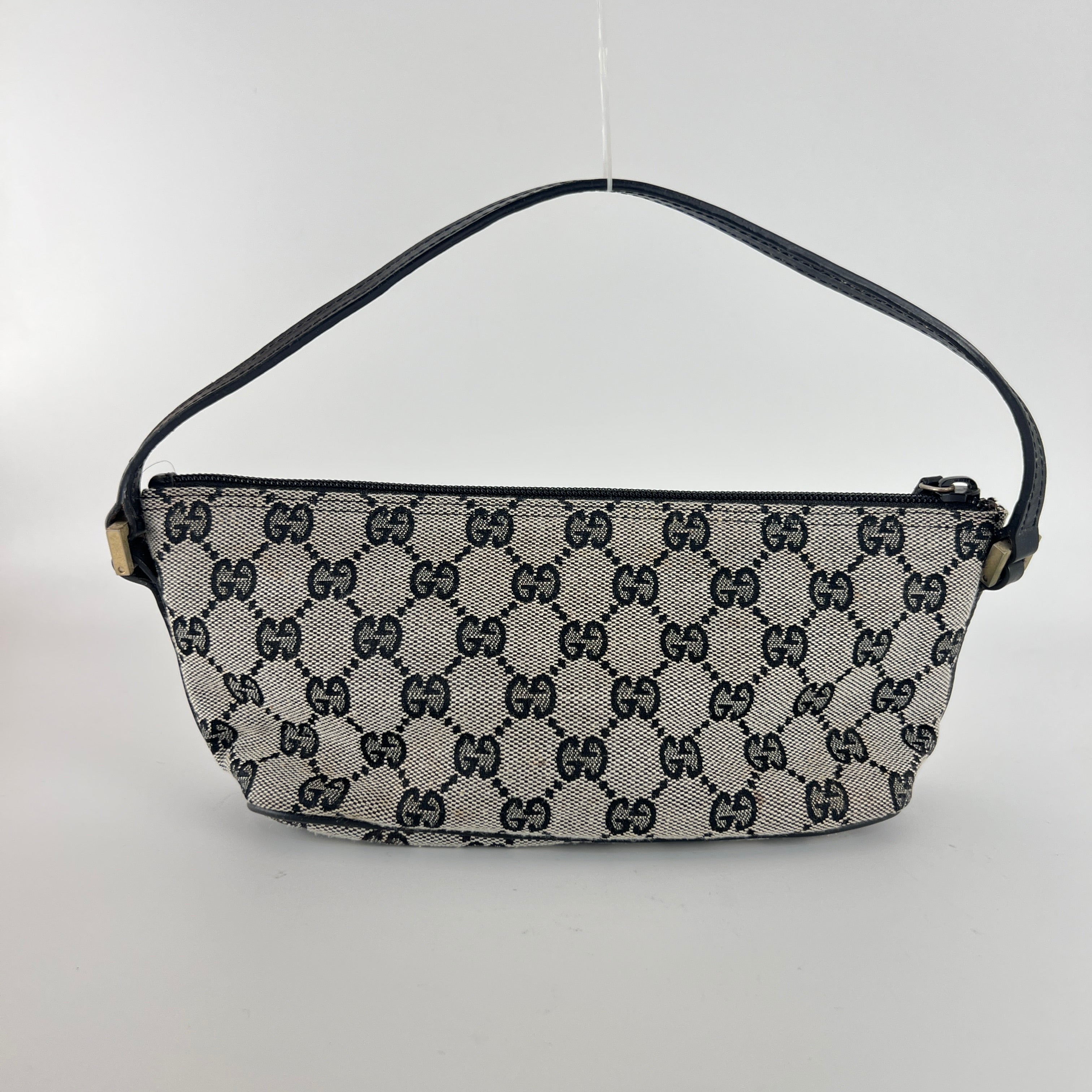 Gucci | Tom Ford Era Boat Pochette GG Monogram Grey Canvas Black Leather Bag