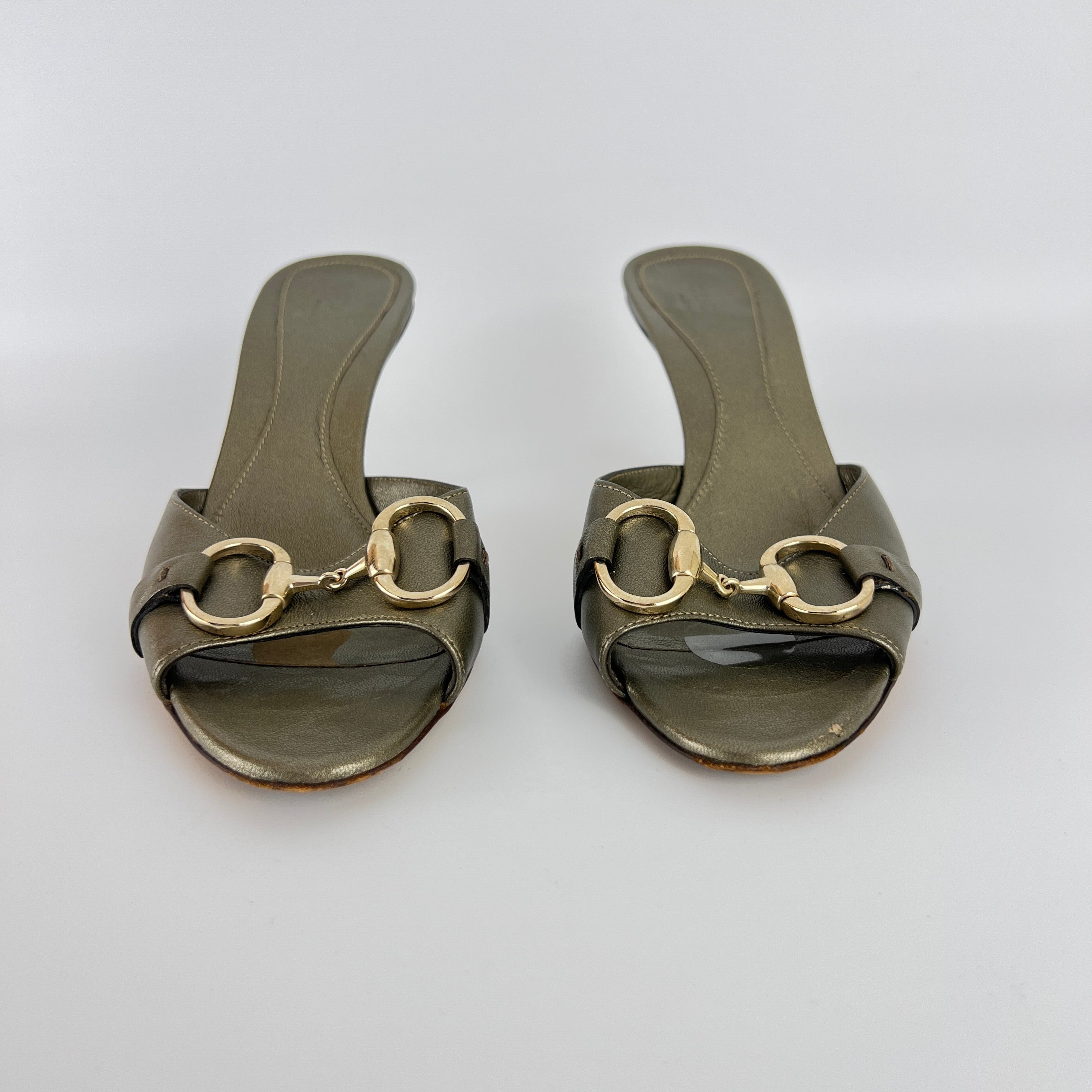 Gucci | Metallic Olive Leather Silver Horse Bit Sandal Stiletto Mules (35)