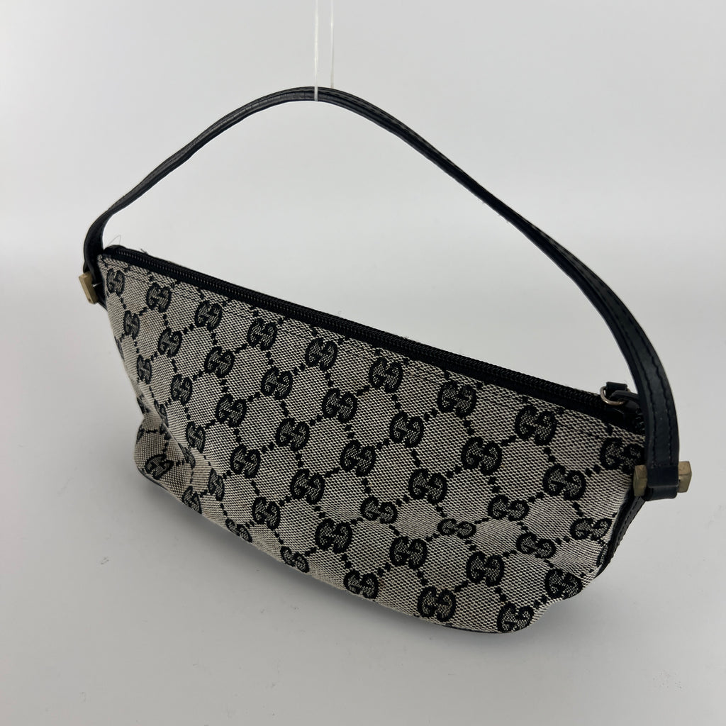 Gucci | Tom Ford Era Boat Pochette GG Monogram Grey Canvas Black Leather Bag