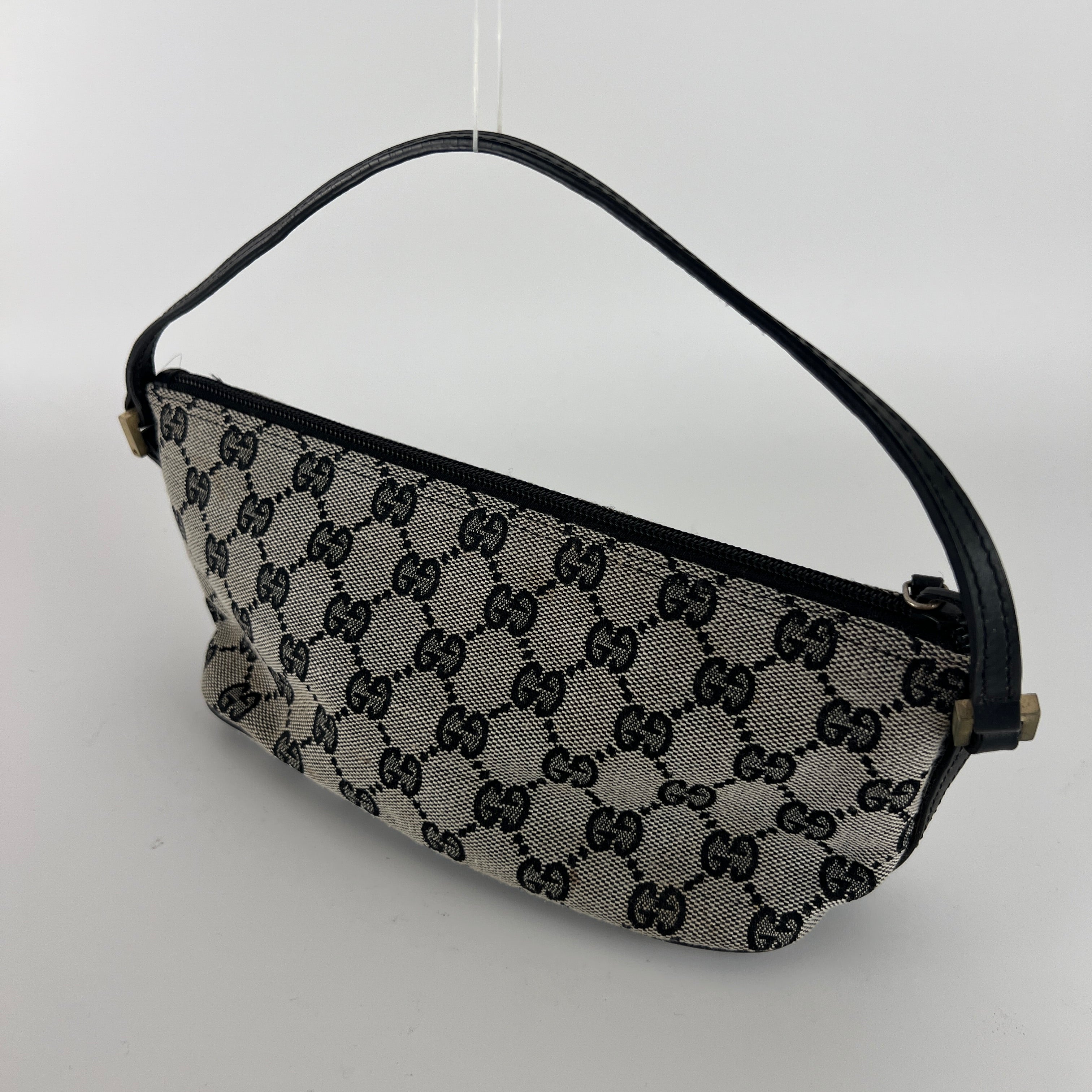 Gucci | Tom Ford Era Boat Pochette GG Monogram Grey Canvas Black Leather Bag