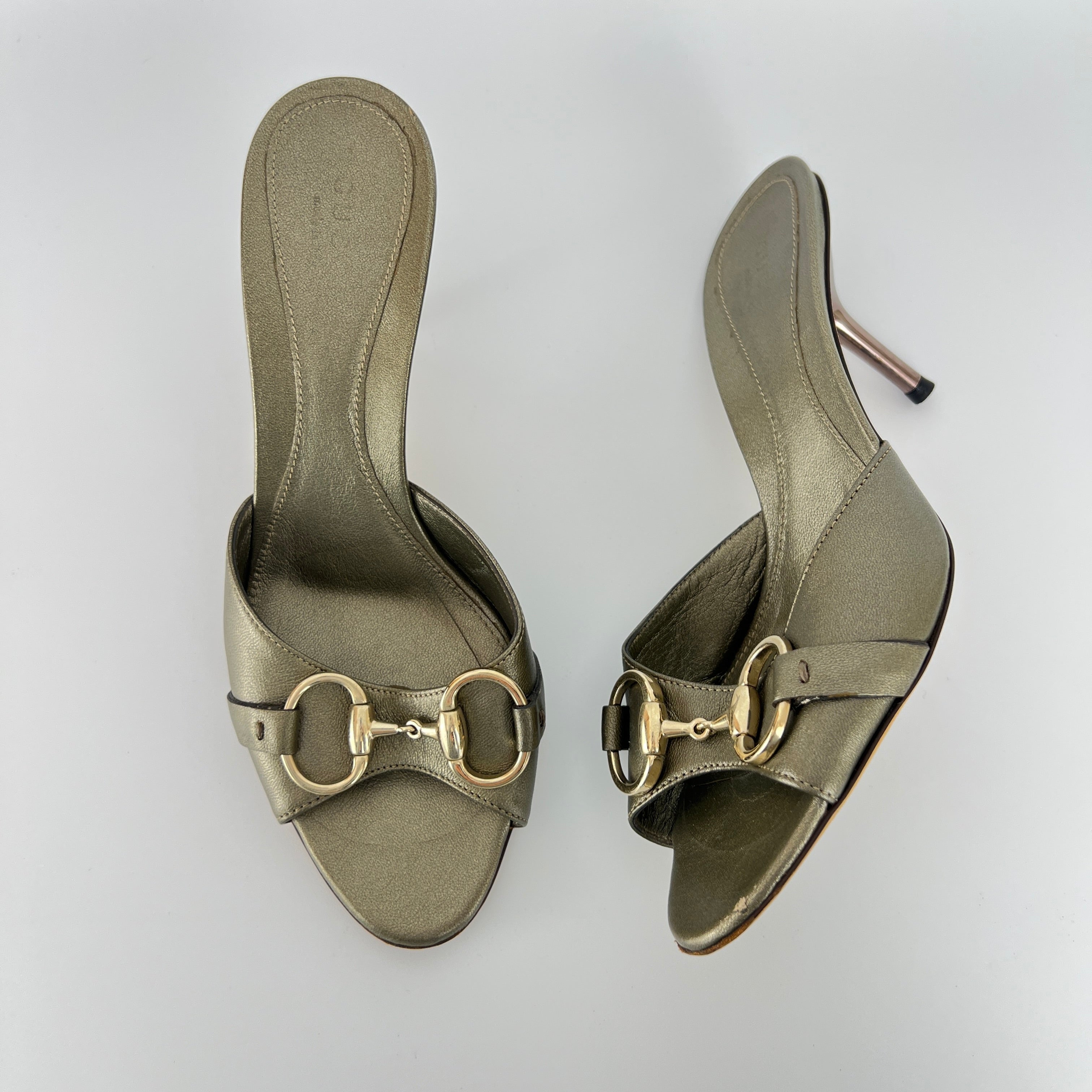 Gucci | Metallic Olive Leather Silver Horse Bit Sandal Stiletto Mules (35)
