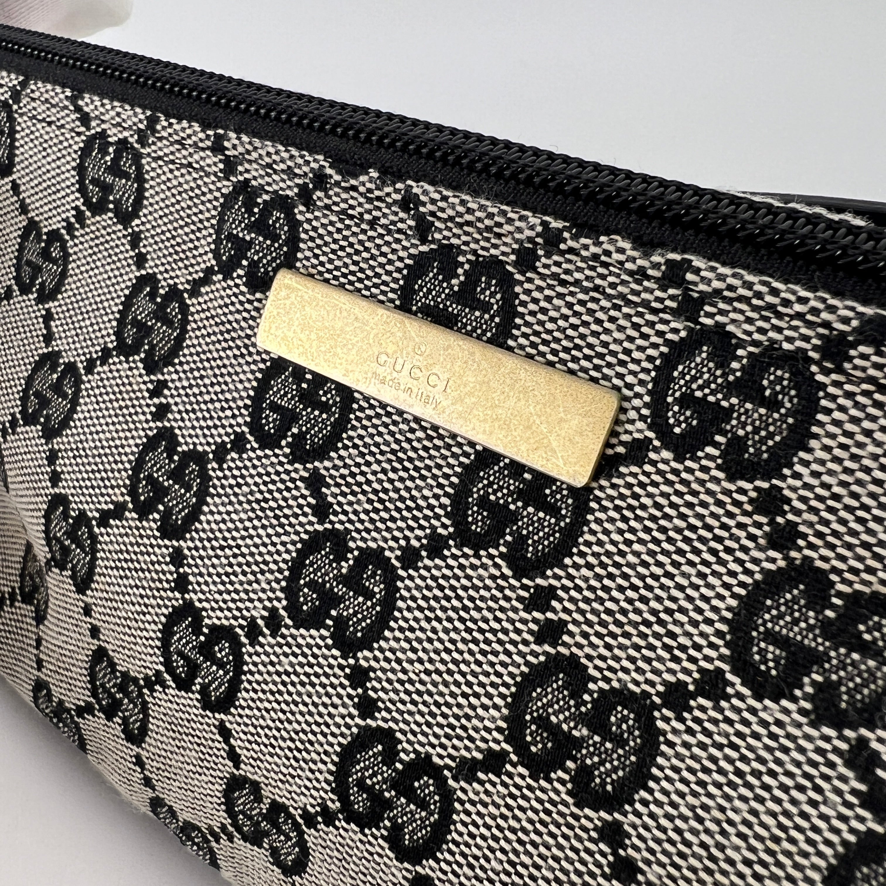 Gucci | Tom Ford Era Boat Pochette GG Monogram Grey Canvas Black Leather Bag